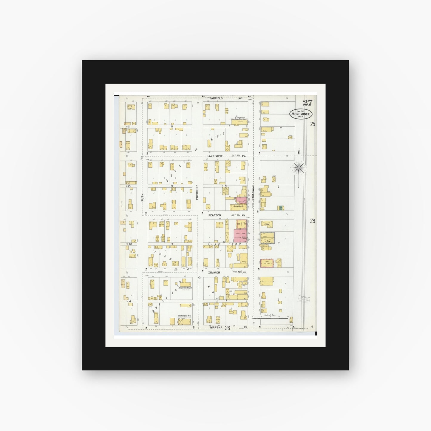 Old map wall art mockup — black gallery frame with white mat — Sanborn Fire Insurance Map from Menominee, Menominee County, Michigan (1901), Sheet #0027