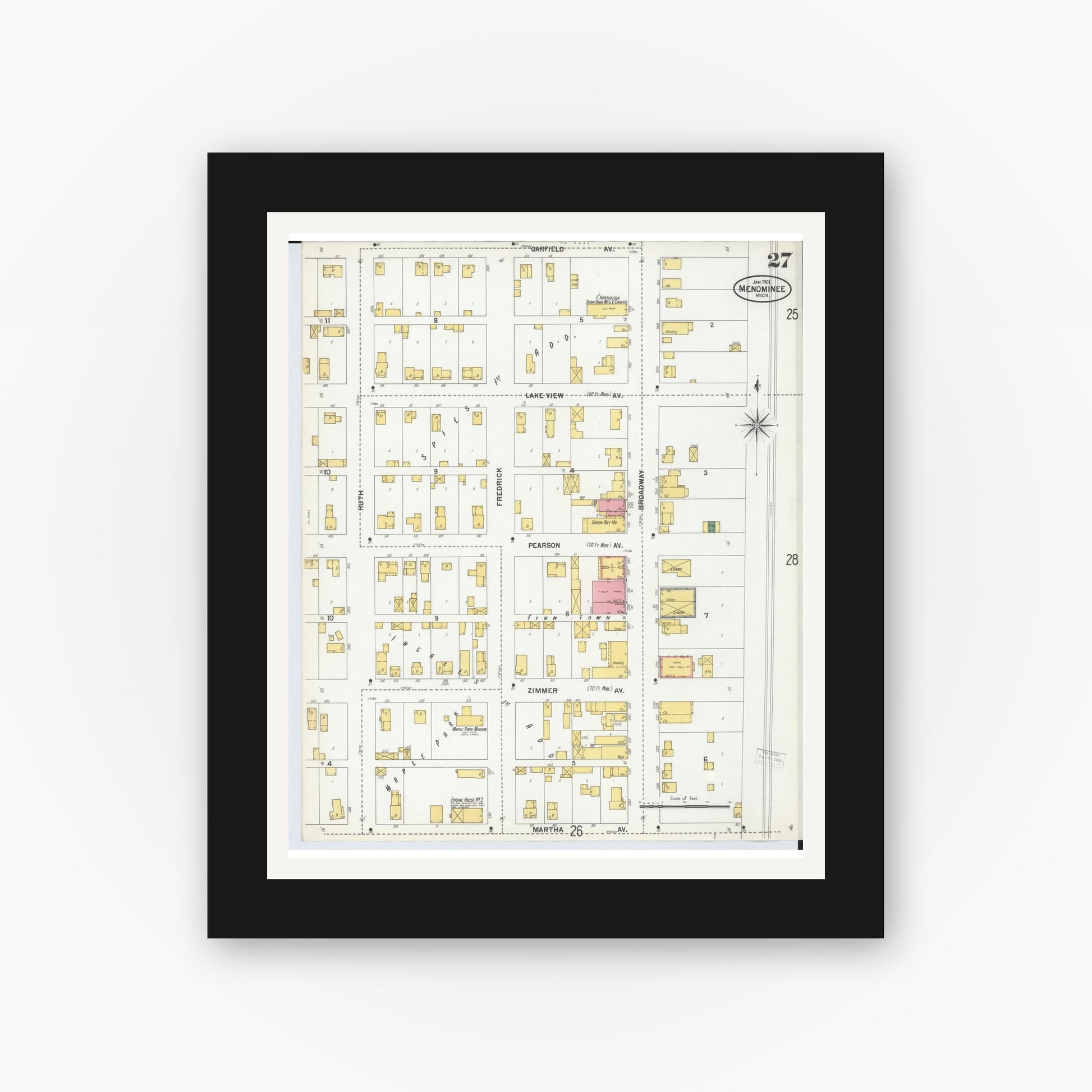 Old map wall art mockup — black gallery frame with white mat — Sanborn Fire Insurance Map from Menominee, Menominee County, Michigan (1901), Sheet #0027