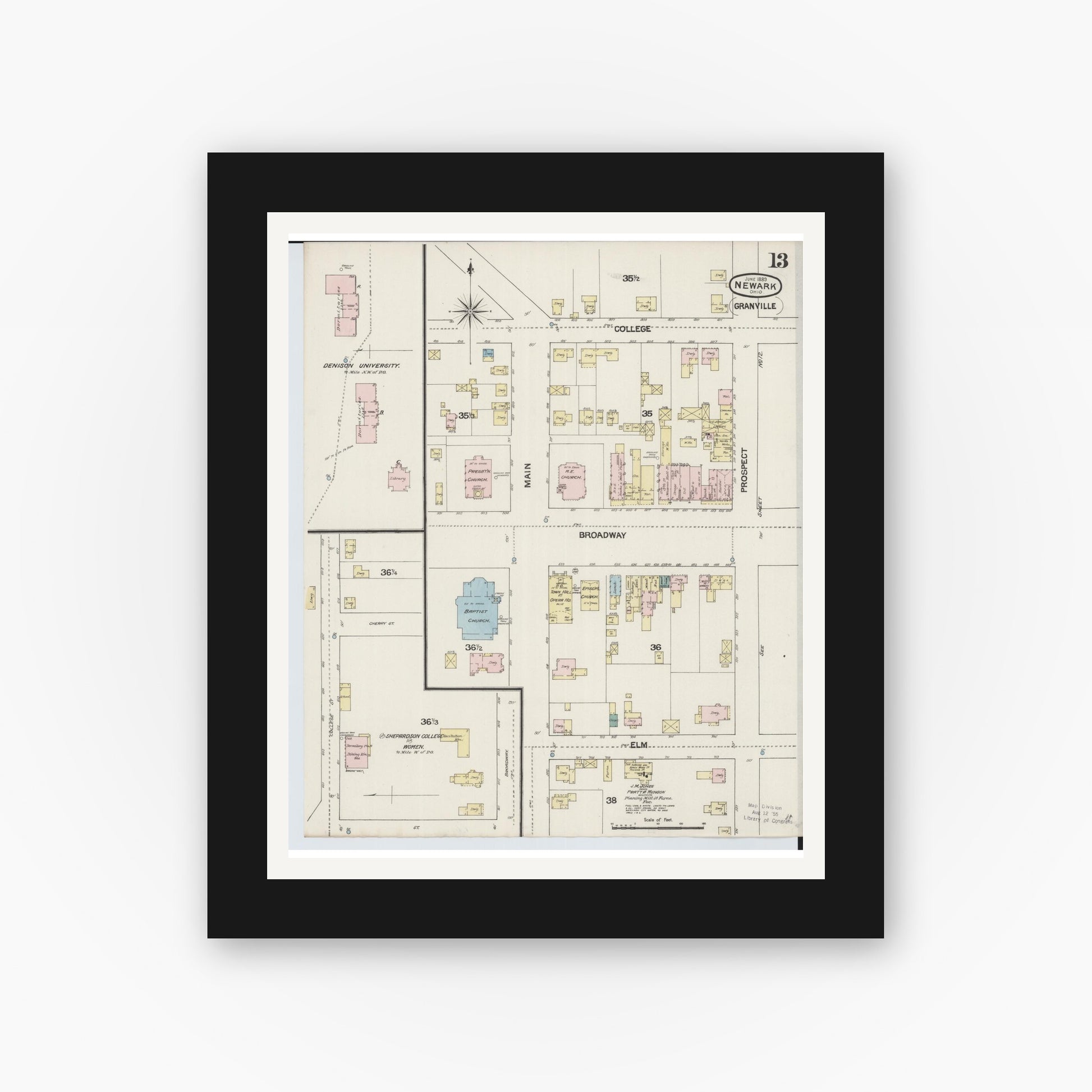 Old map wall art mockup — black gallery frame with white mat — Sanborn Fire Insurance Map from Newark, Licking County, Ohio (1889), Sheet #0013