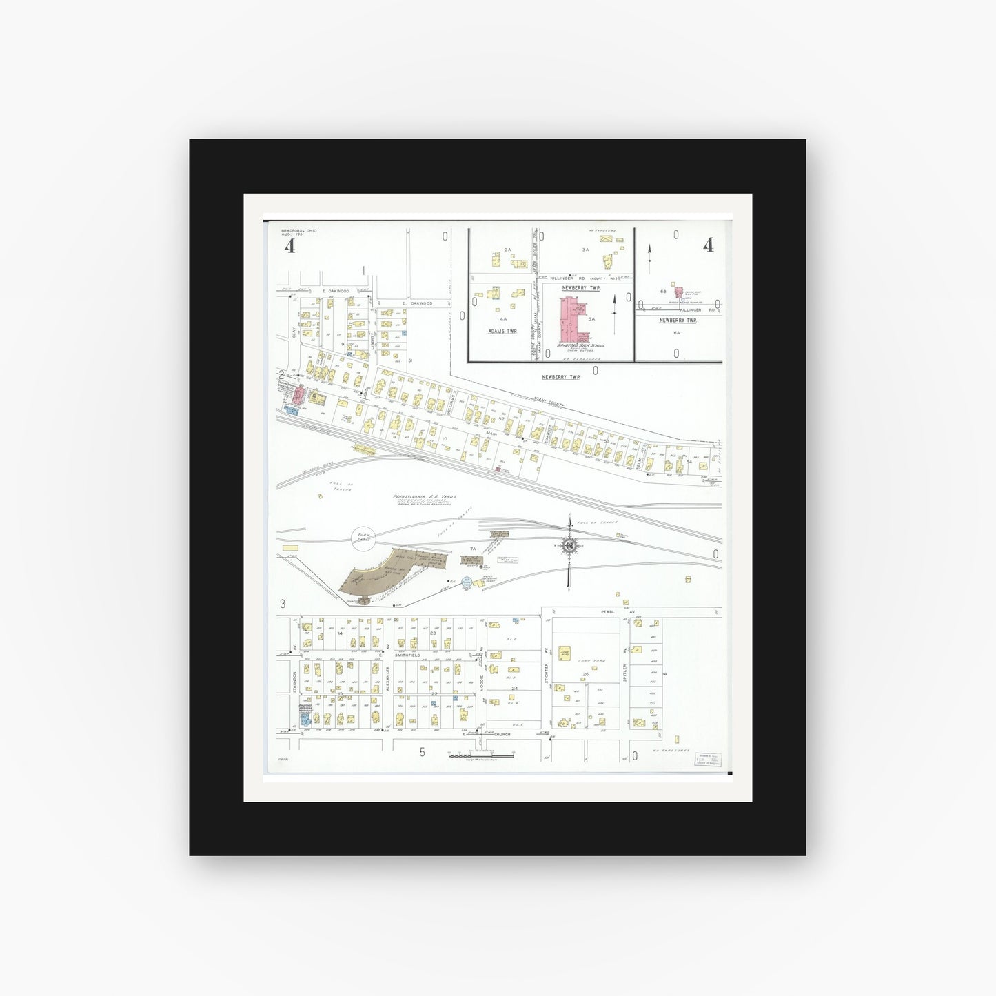 Old map wall art mockup — black gallery frame with white mat — Sanborn Fire Insurance Map from Bradford, Darke and Miami Counties, Ohio (1951), Sheet #0004