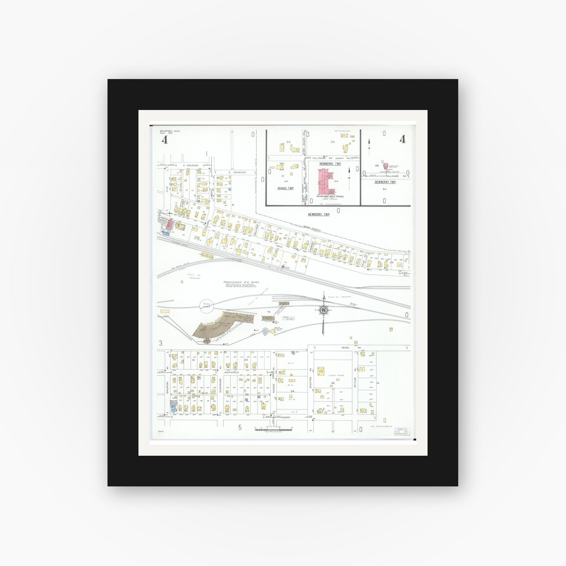 Old map wall art mockup — black gallery frame with white mat — Sanborn Fire Insurance Map from Bradford, Darke and Miami Counties, Ohio (1951), Sheet #0004