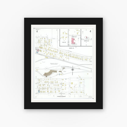 Old map wall art mockup — black gallery frame with white mat — Sanborn Fire Insurance Map from Bradford, Darke and Miami Counties, Ohio (1951), Sheet #0004