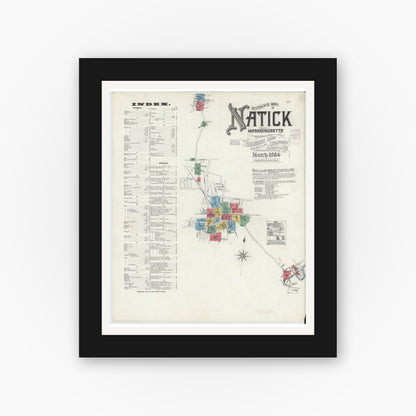 Old map wall art mockup — black gallery frame with white mat — Sanborn Fire Insurance Map from Natick, Middlesex County, Massachusetts (1904), Sheet #0001