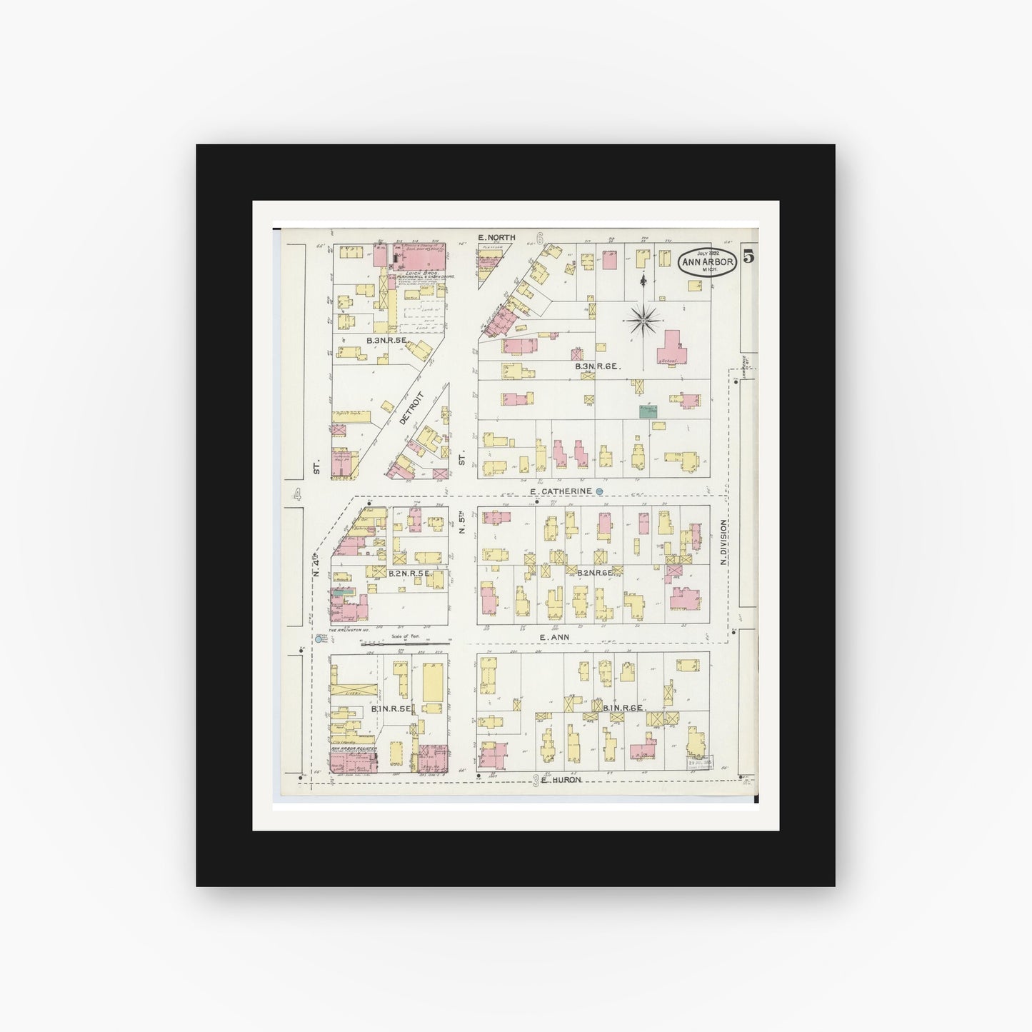Old map wall art mockup — black gallery frame with white mat — Sanborn Fire Insurance Map from Ann Arbor, Washtenaw County, Michigan (1892), Sheet #0005