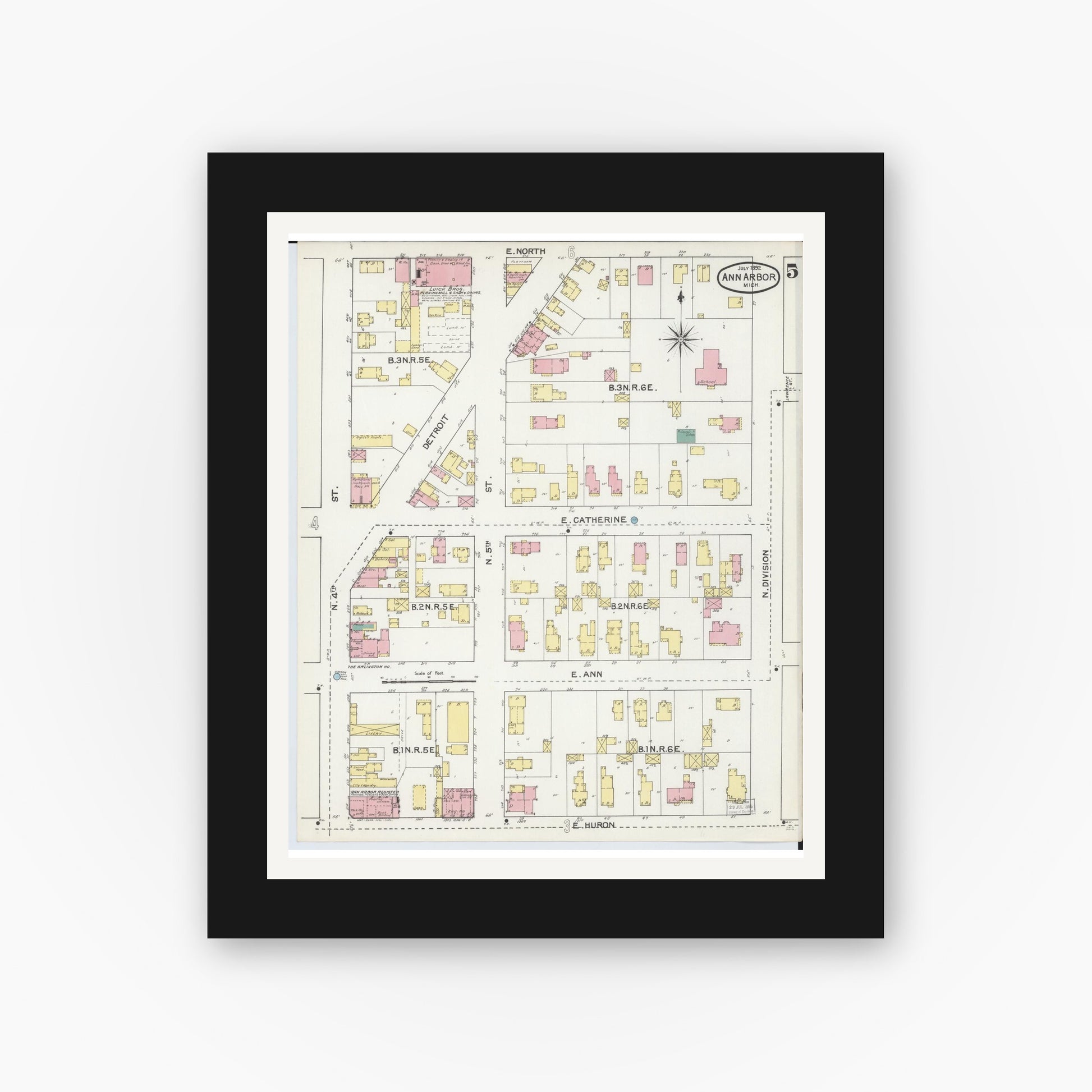 Old map wall art mockup — black gallery frame with white mat — Sanborn Fire Insurance Map from Ann Arbor, Washtenaw County, Michigan (1892), Sheet #0005