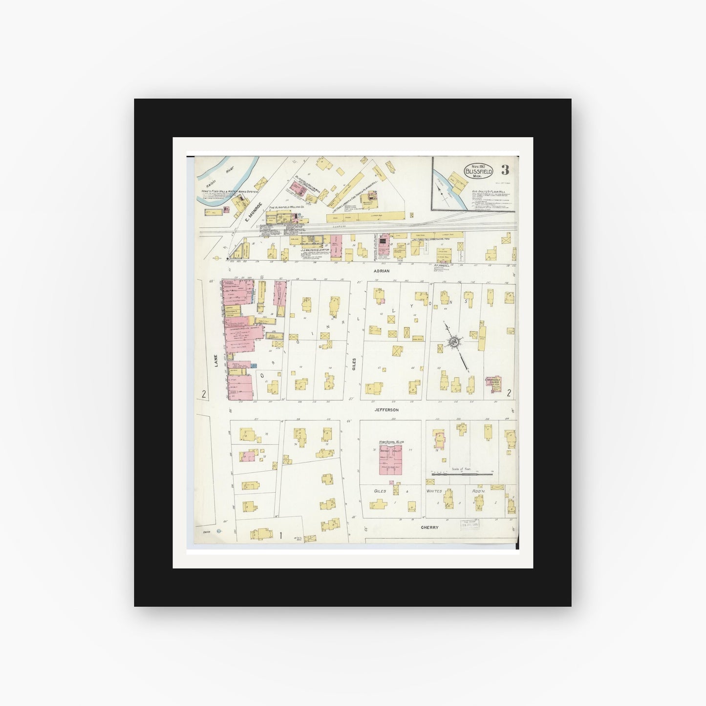 Old map wall art mockup — black gallery frame with white mat — Sanborn Fire Insurance Map from Blissfield, Lenawee County, Michigan (1912), Sheet #0003