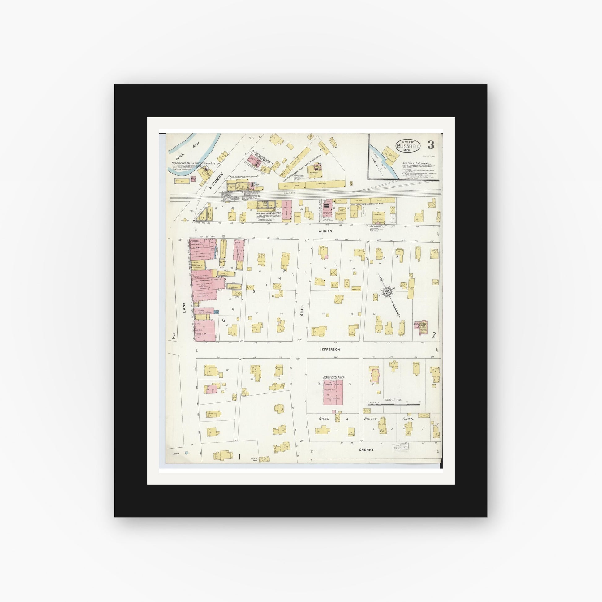 Old map wall art mockup — black gallery frame with white mat — Sanborn Fire Insurance Map from Blissfield, Lenawee County, Michigan (1912), Sheet #0003