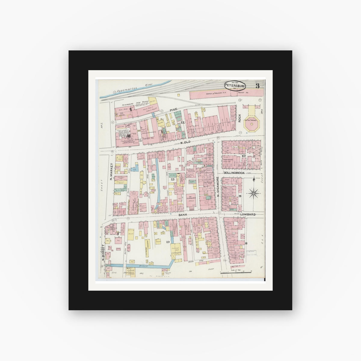 Old map wall art mockup — black gallery frame with white mat — Sanborn Fire Insurance Map from Petersburg, Independent Cities, Virginia (1891), Sheet #0003