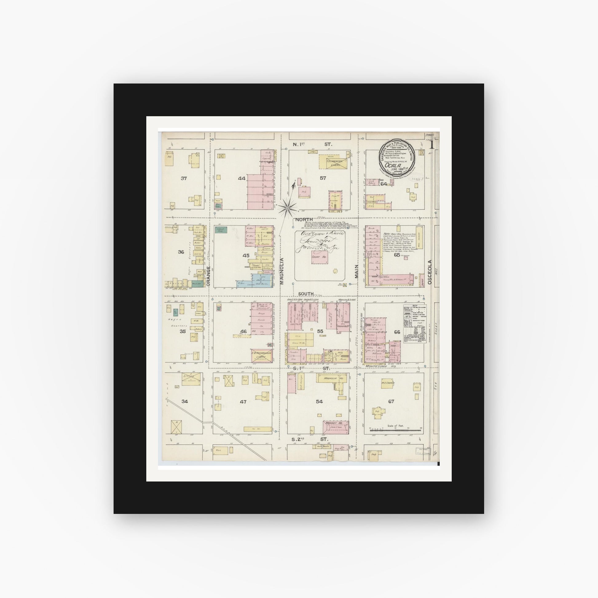 Old map wall art mockup — black gallery frame with white mat — Sanborn Fire Insurance Map from Ocala, Marion County, Florida (1888) - Complete Map Set