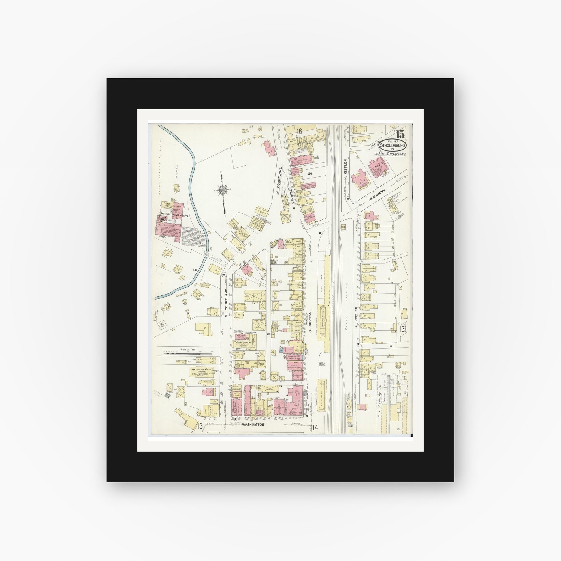 Old map wall art mockup — black gallery frame with white mat — Sanborn Fire Insurance Map from Stroudsburg, Monroe County, Pennsylvania (1912), Sheet #0015