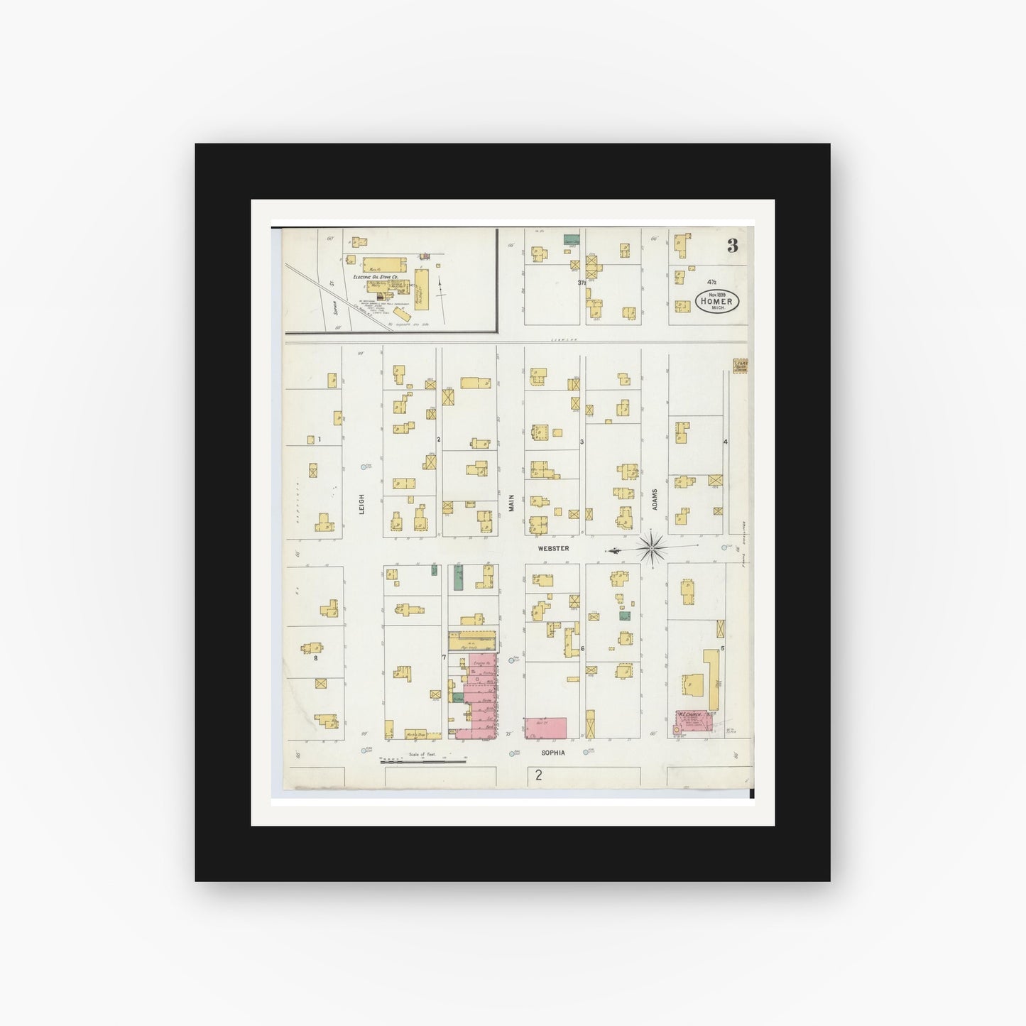 Old map wall art mockup — black gallery frame with white mat — Sanborn Fire Insurance Map from Homer, Calhoun County, Michigan (1899), Sheet #0003