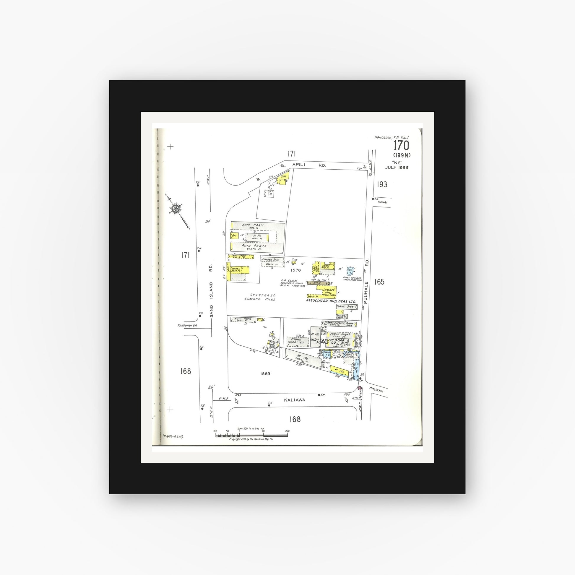 Old map wall art mockup — black gallery frame with white mat — Sanborn Fire Insurance Map from Honolulu, Oahu County, Hawaii (1955), Sheet #0170