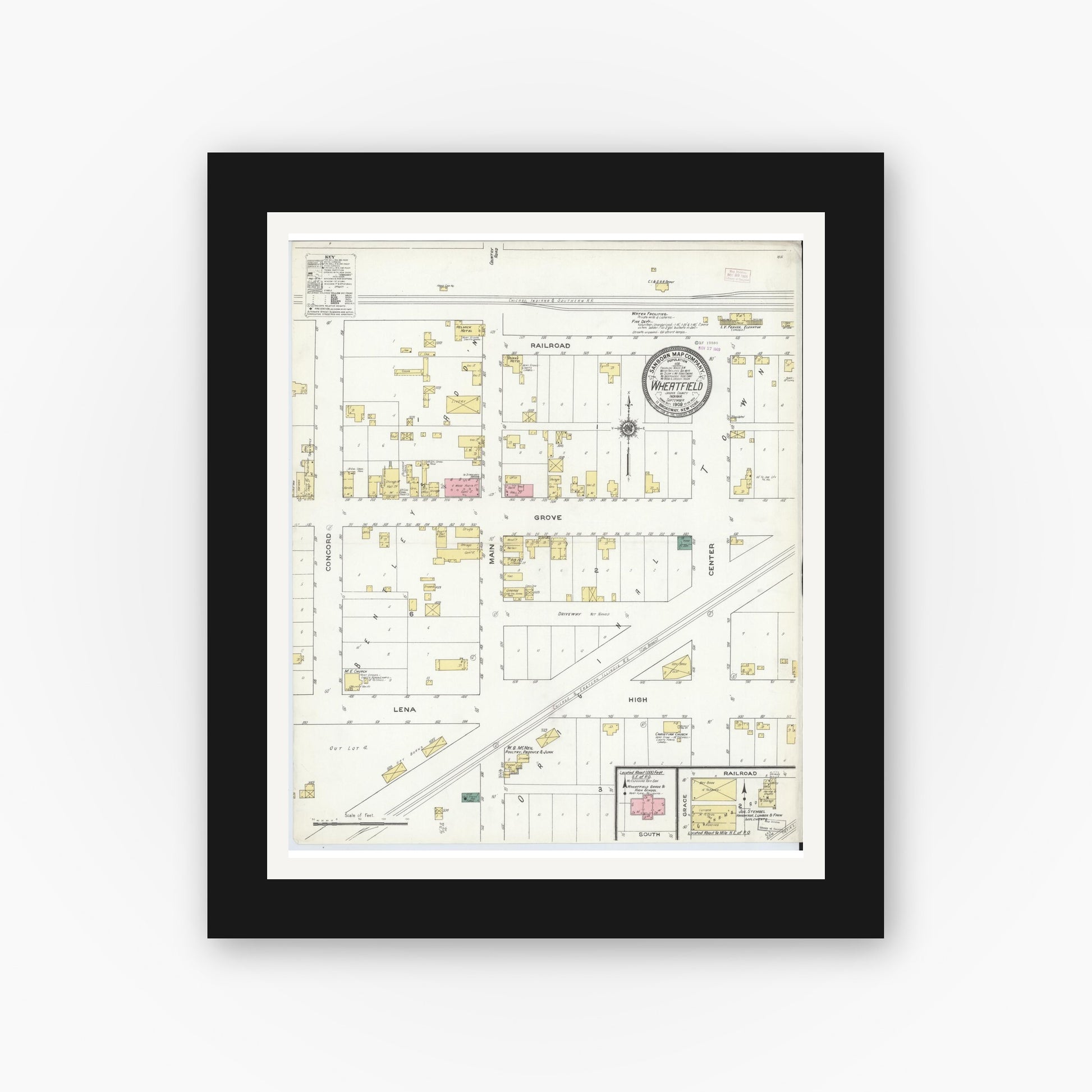 Old map wall art mockup — black gallery frame with white mat — Sanborn Fire Insurance Map from Wheatfield, Jasper County, Indiana (1909), Sheet #0001