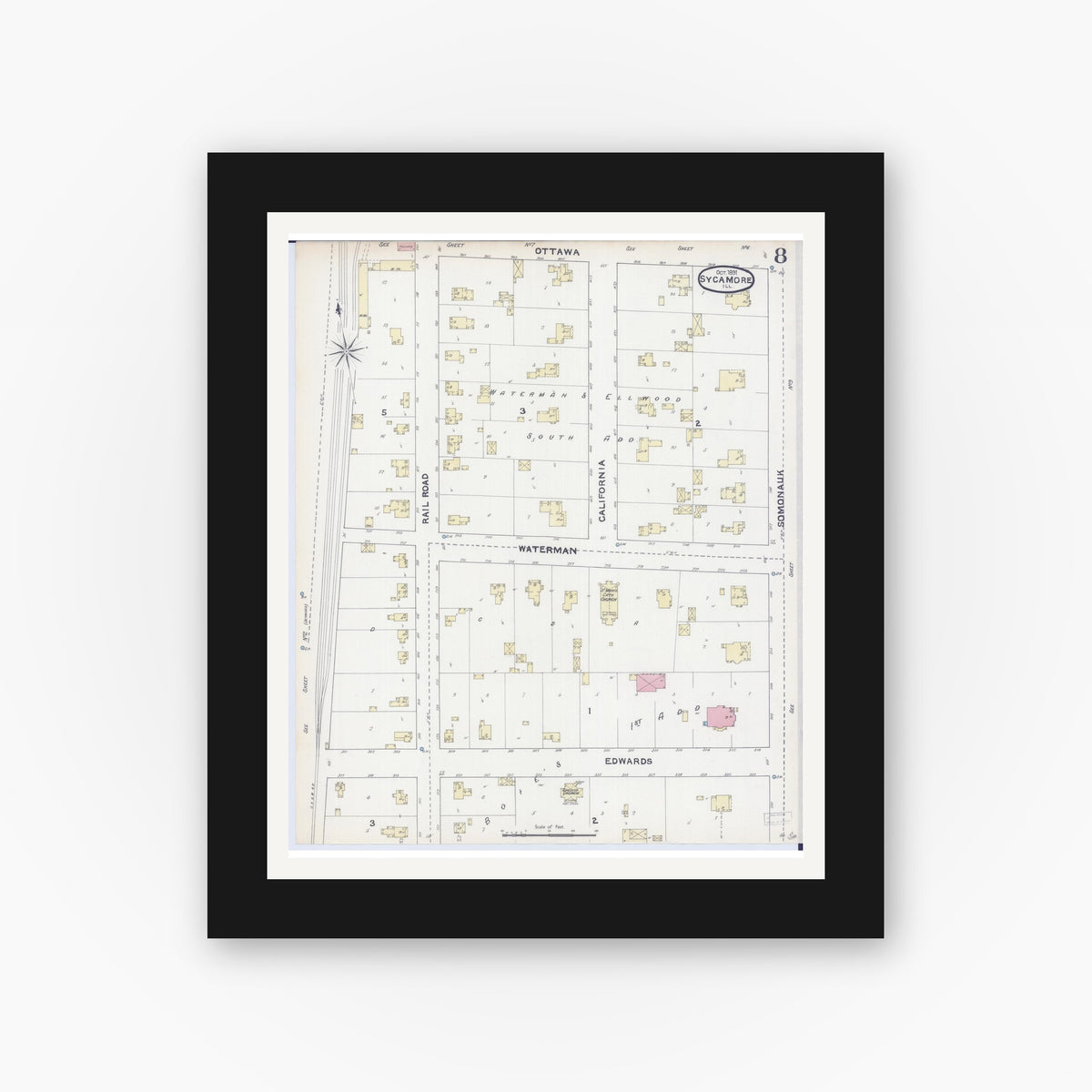 Old map wall art mockup — black gallery frame with white mat — Sanborn Fire Insurance Map from Sycamore, De Kalb County, Illinois (1891), Sheet #0008