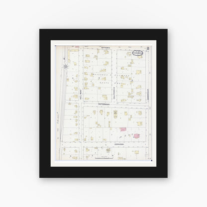 Old map wall art mockup — black gallery frame with white mat — Sanborn Fire Insurance Map from Sycamore, De Kalb County, Illinois (1891), Sheet #0008