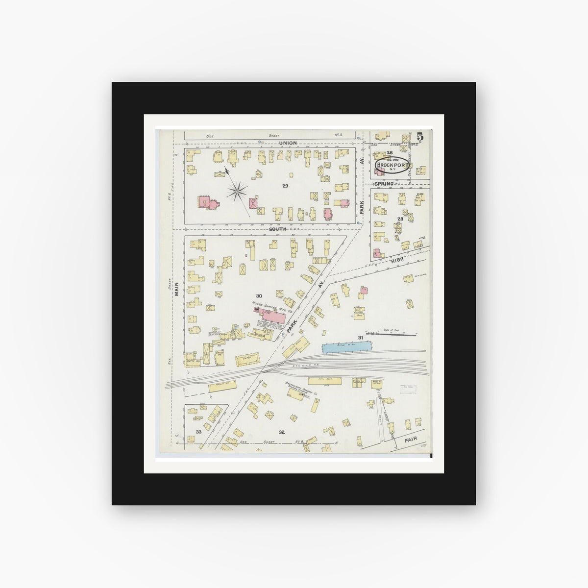 Old map wall art mockup — black gallery frame with white mat — Sanborn Fire Insurance Map from Brockport, Monroe County, New York (1892), Sheet #0005