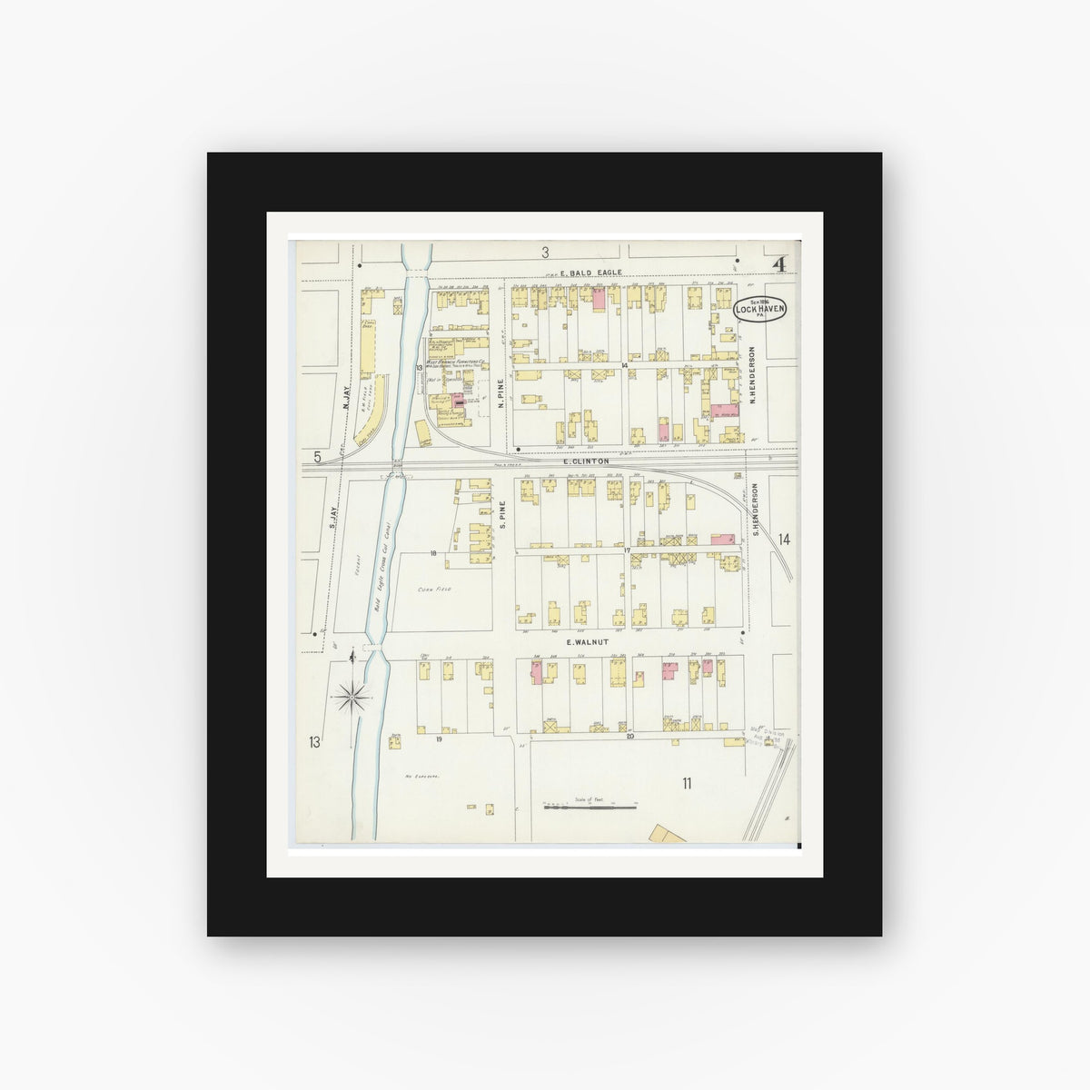 Old map wall art mockup — black gallery frame with white mat — Sanborn Fire Insurance Map from Lock Haven, Clinton County, Pennsylvania (1896), Sheet #0004