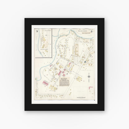 Old map wall art mockup — black gallery frame with white mat — Sanborn Fire Insurance Map from Waupaca, Waupaca County, Wisconsin (1941), Sheet #0009