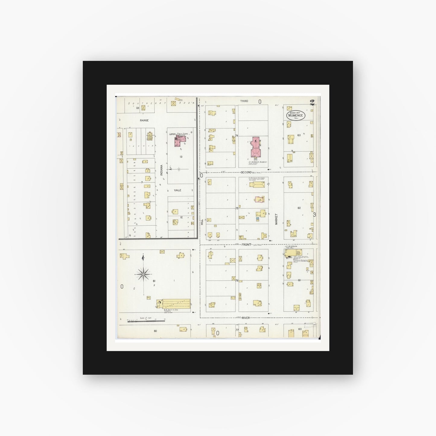 Old map wall art mockup — black gallery frame with white mat — Sanborn Fire Insurance Map from Momence, Kankakee County, Illinois (1907), Sheet #0002