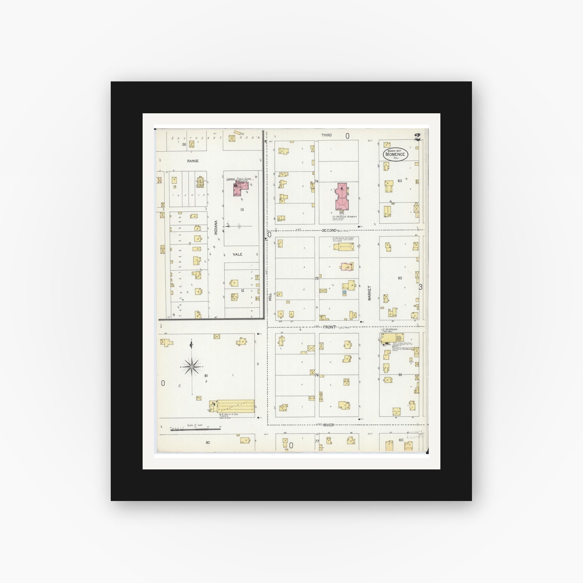 Old map wall art mockup — black gallery frame with white mat — Sanborn Fire Insurance Map from Momence, Kankakee County, Illinois (1907), Sheet #0002