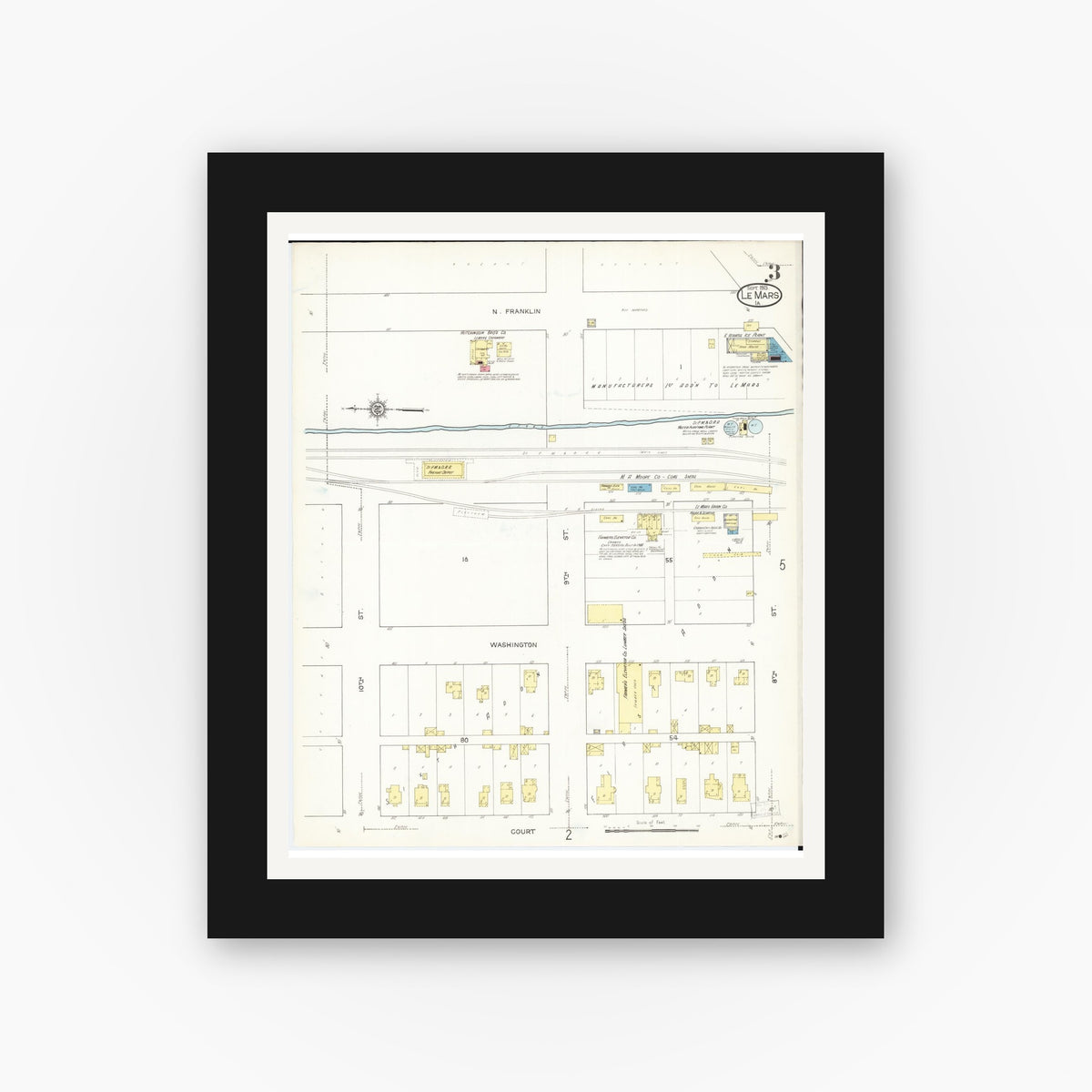 Old map wall art mockup — black gallery frame with white mat — Sanborn Fire Insurance Map from Le Mars, Plymouth County, Iowa (1913), Sheet #0003