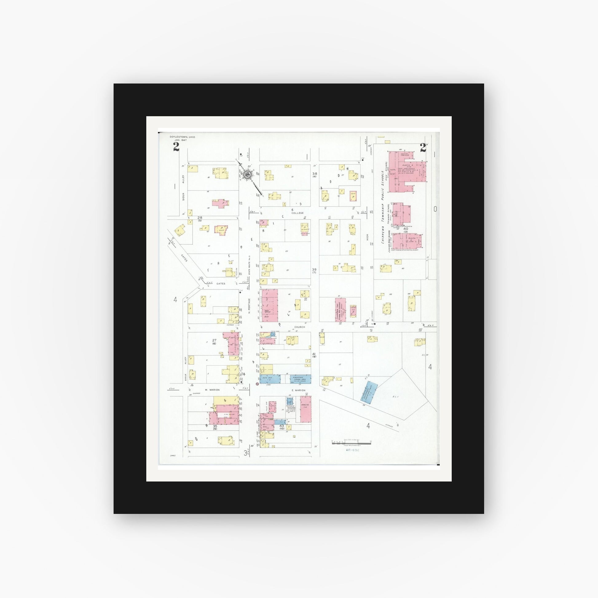 Old map wall art mockup — black gallery frame with white mat — Sanborn Fire Insurance Map from Doylestown, Wayne County, Ohio (1947), Sheet #0002