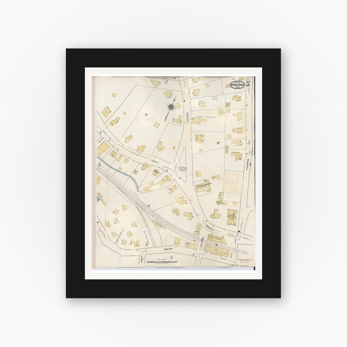 Old map wall art mockup — black gallery frame with white mat — Sanborn Fire Insurance Map from Hingham, Plymouth County, Massachusetts (1948), Sheet #0005