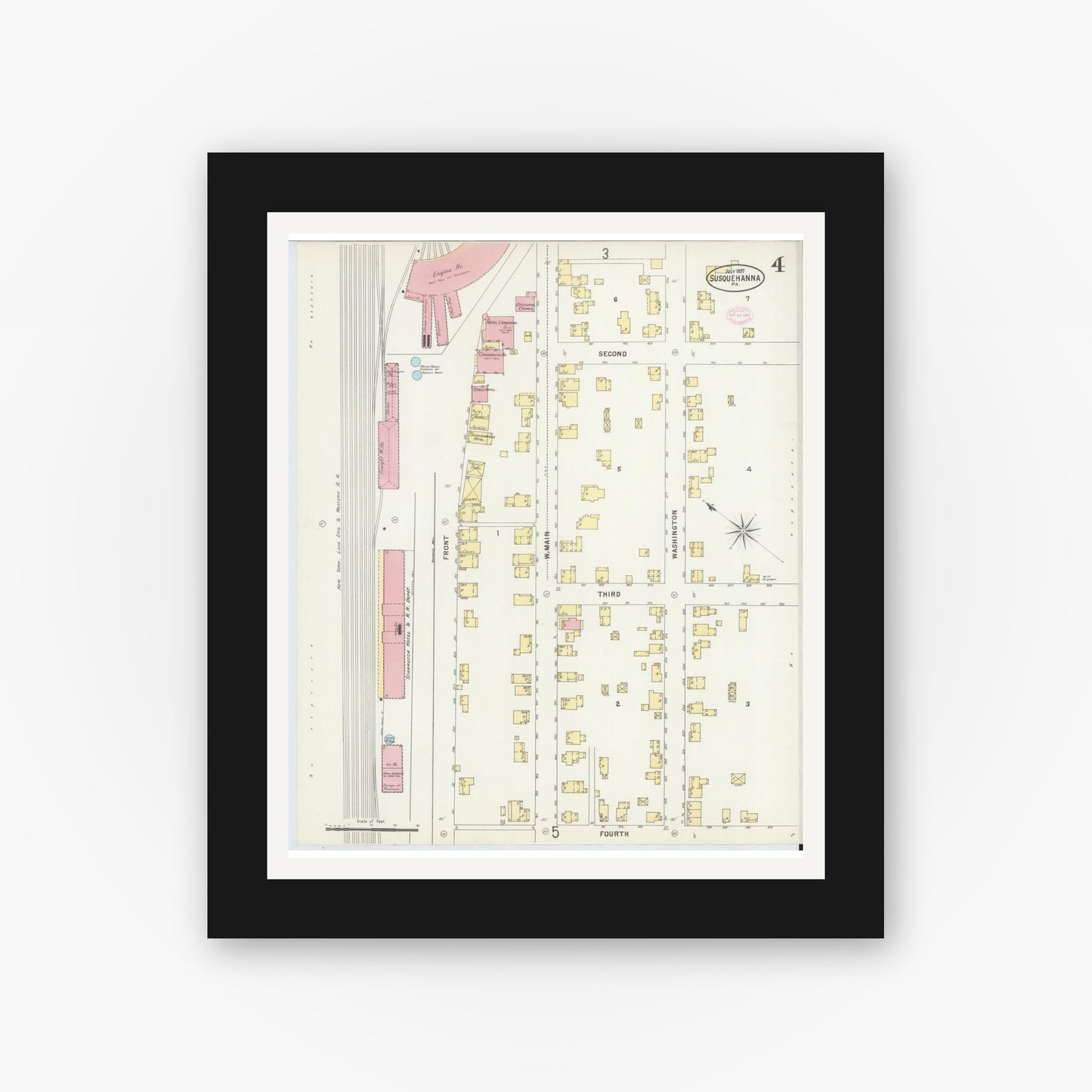 Old map wall art mockup — black gallery frame with white mat — Sanborn Fire Insurance Map from Susquehanna, Susquehanna County, Pennsylvania (1897), Sheet #0004