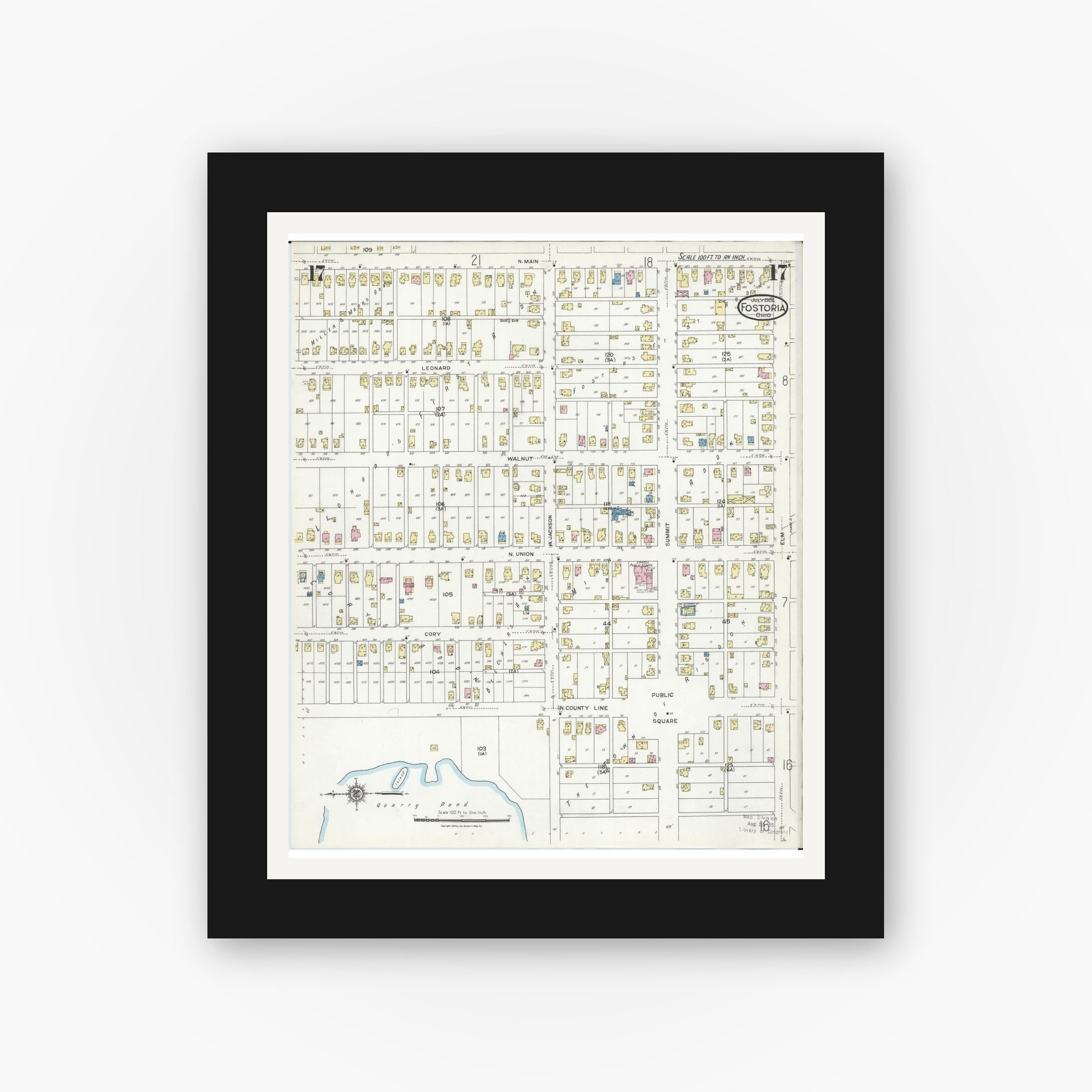 Old map wall art mockup — black gallery frame with white mat — Sanborn Fire Insurance Map from Fostoria, Seneca, Hancock, And Wood Counties, Ohio (1924), Sheet #0017