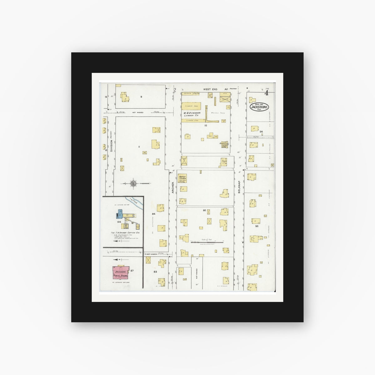 Old map wall art mockup — black gallery frame with white mat — Sanborn Fire Insurance Map from Jacksboro, Jack County, Texas (1921), Sheet #0004
