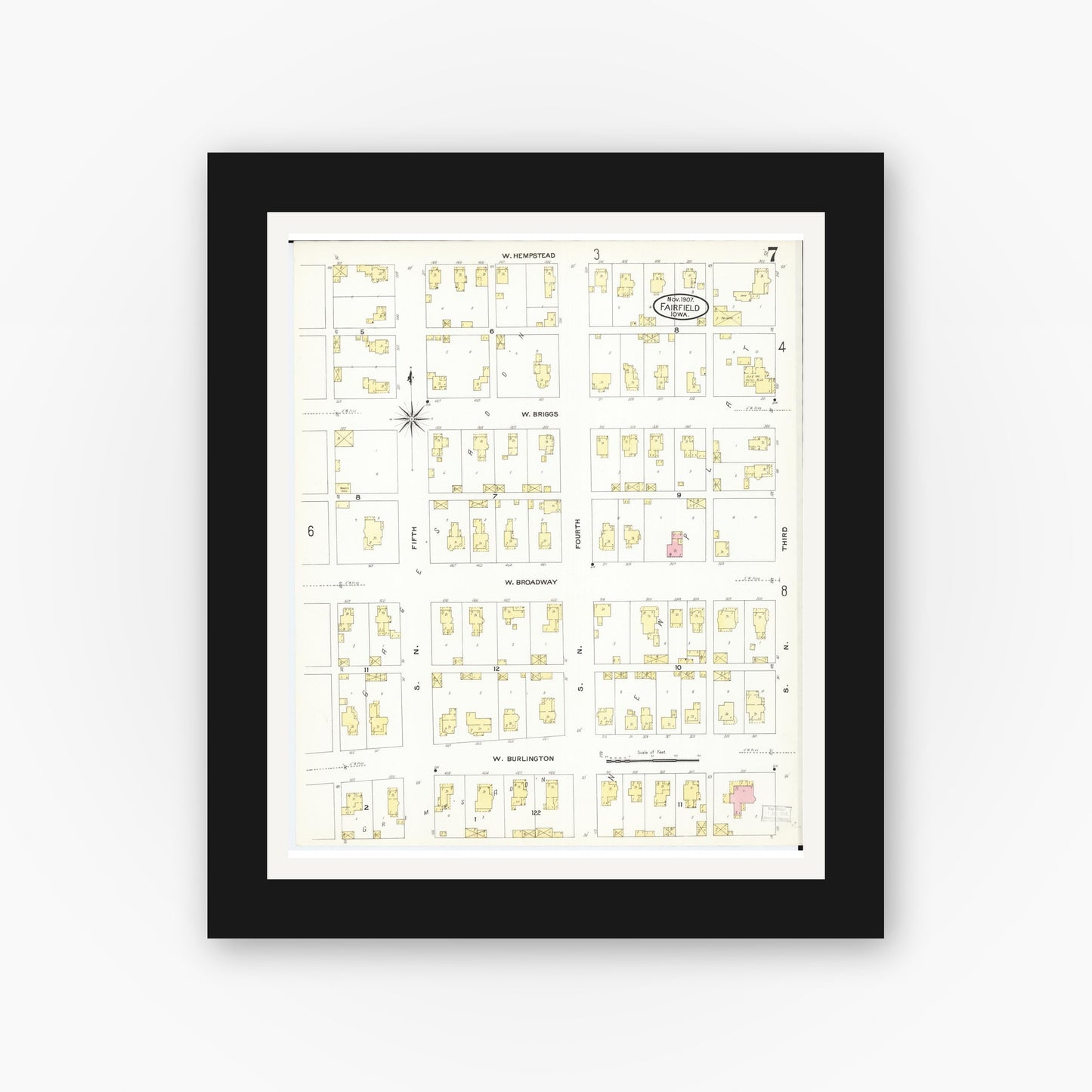 Old map wall art mockup — black gallery frame with white mat — Sanborn Fire Insurance Map from Fairfield, Jefferson County, Iowa (1907), Sheet #0007