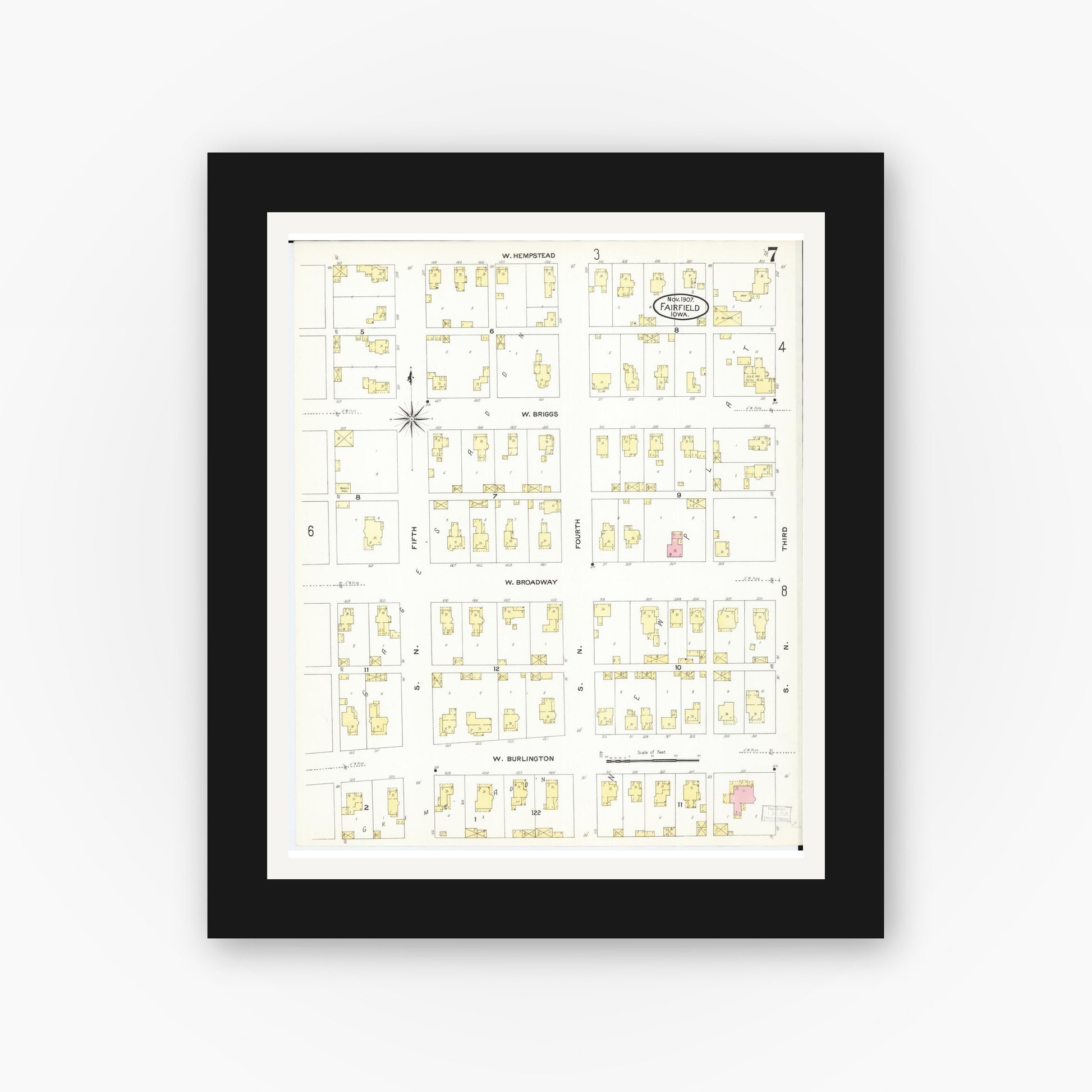 Old map wall art mockup — black gallery frame with white mat — Sanborn Fire Insurance Map from Fairfield, Jefferson County, Iowa (1907), Sheet #0007