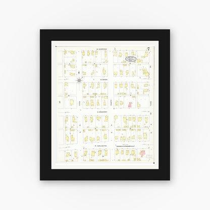 Old map wall art mockup — black gallery frame with white mat — Sanborn Fire Insurance Map from Fairfield, Jefferson County, Iowa (1907), Sheet #0007