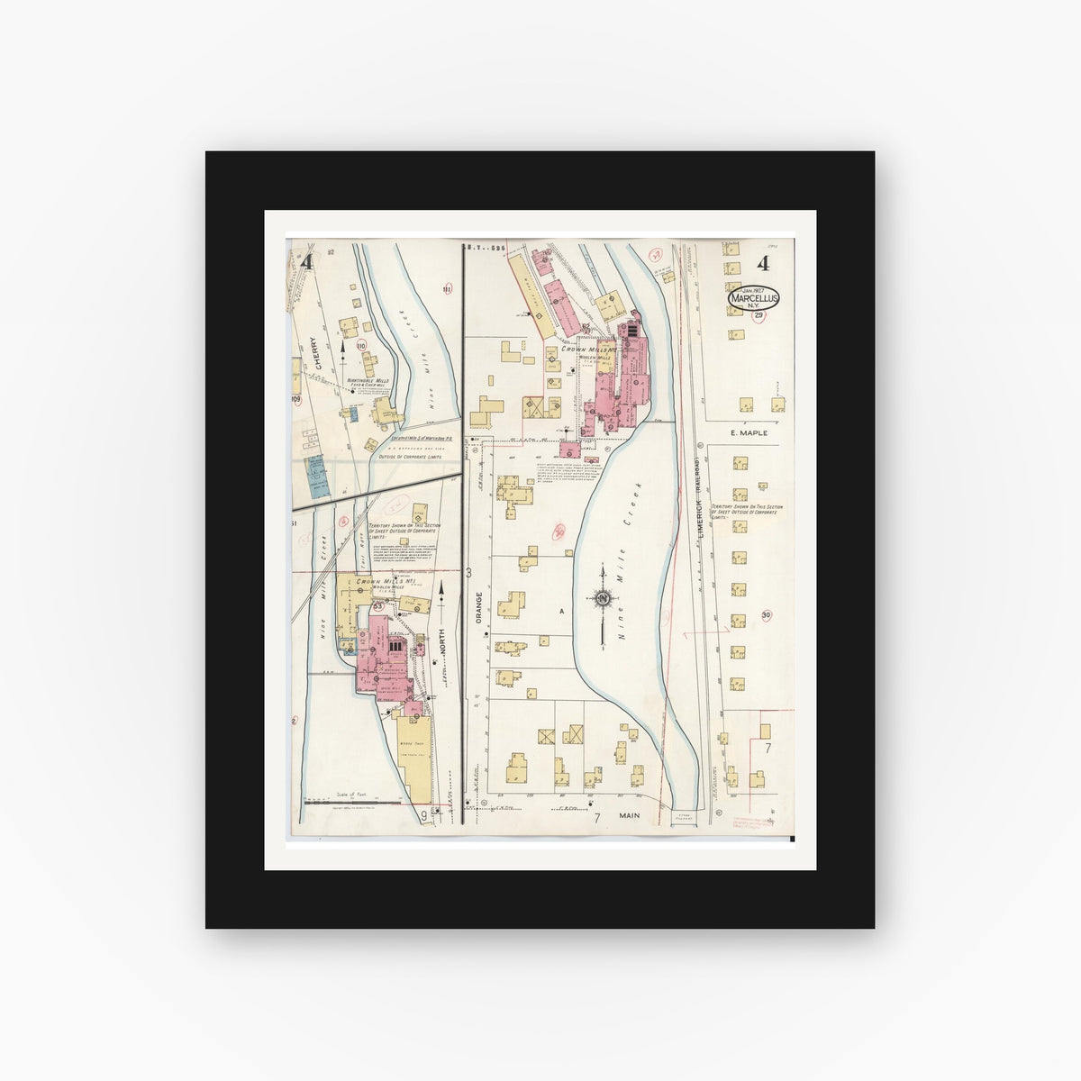 Old map wall art mockup — black gallery frame with white mat — Sanborn Fire Insurance Map from Marcellus, Onondaga County, New York (1937), Sheet #0004