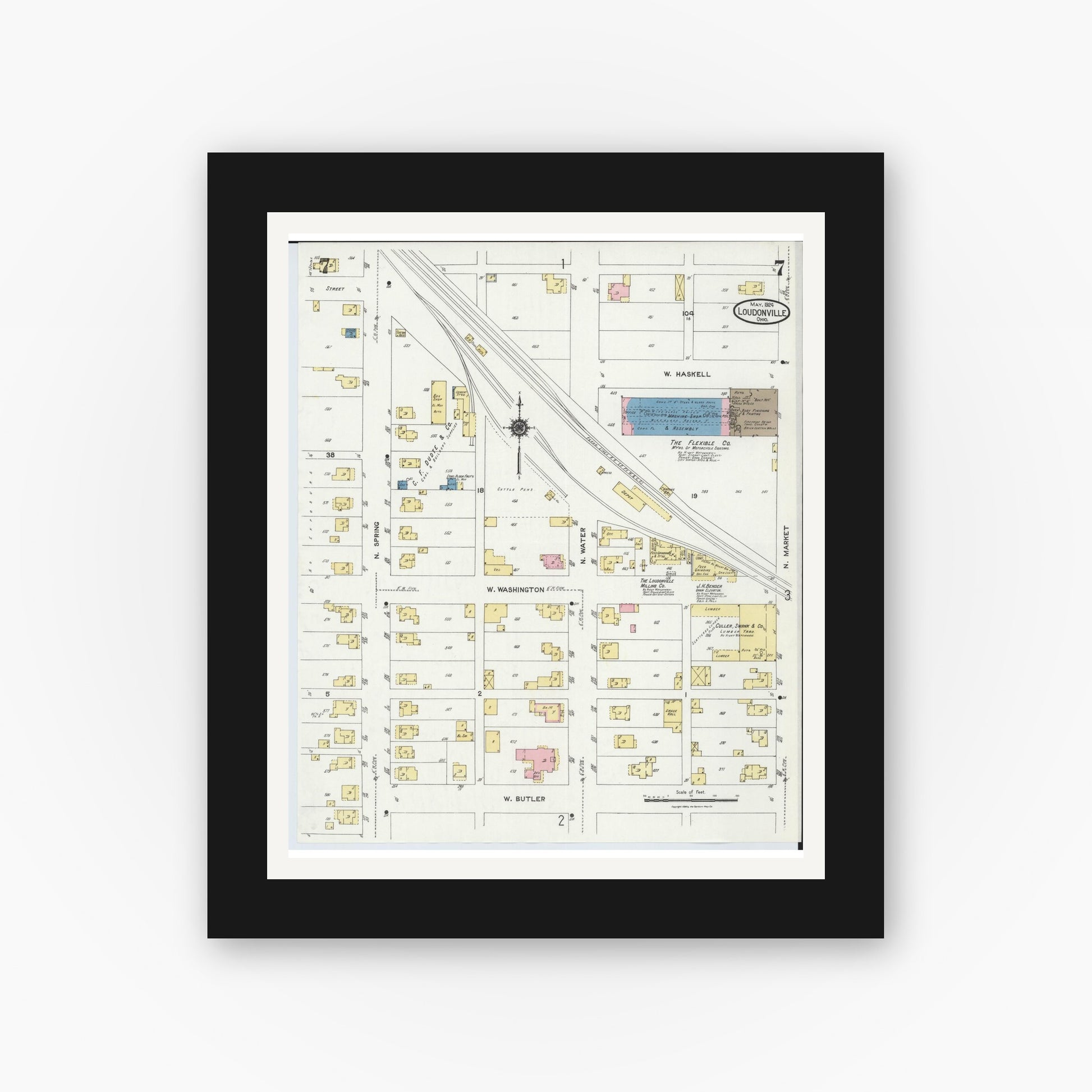 Old map wall art mockup — black gallery frame with white mat — Sanborn Fire Insurance Map from Loudonville, Ashland County, Ohio (1924), Sheet #0007