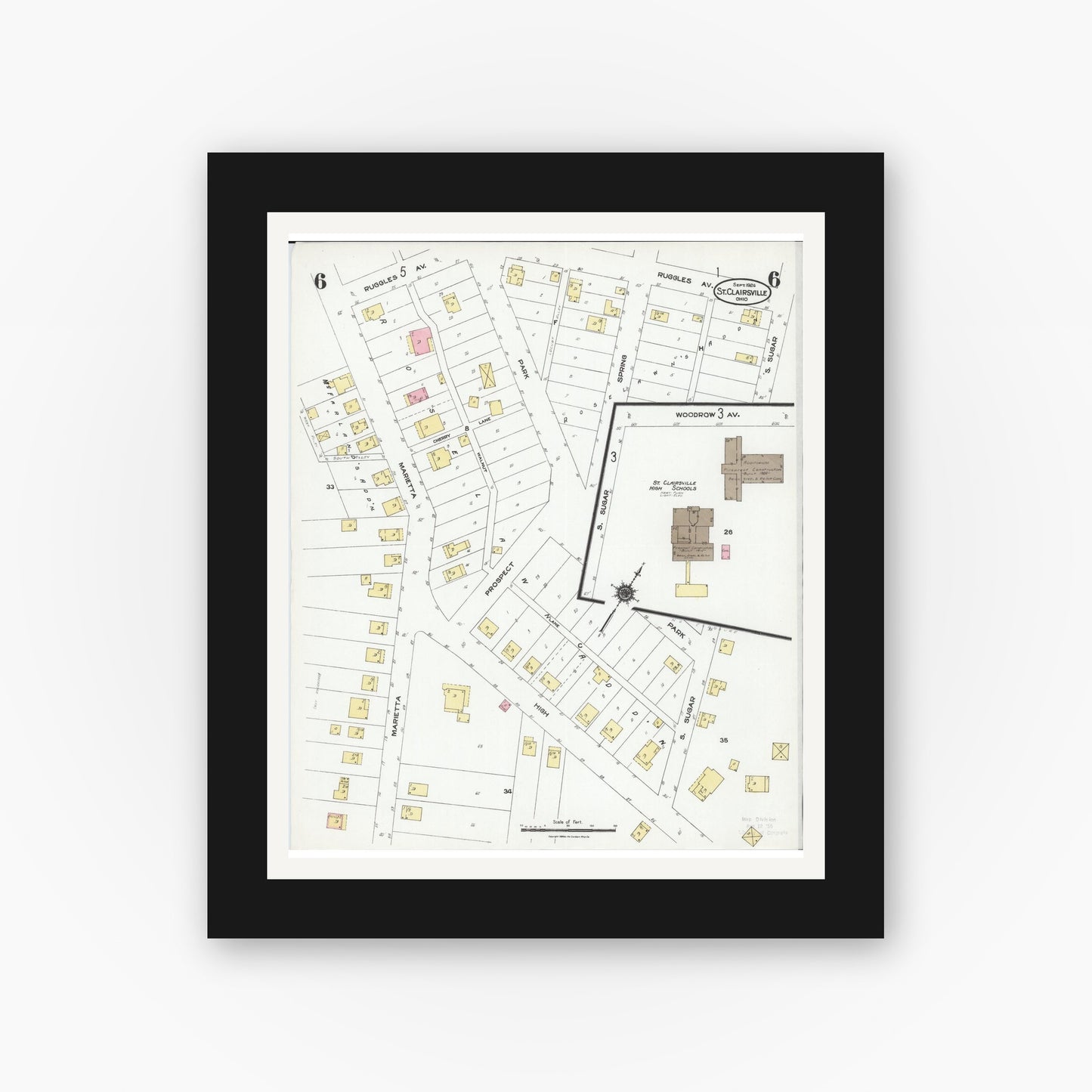 Old map wall art mockup — black gallery frame with white mat — Sanborn Fire Insurance Map from Saint Clairsville, Belmont County, Ohio (1924), Sheet #0006