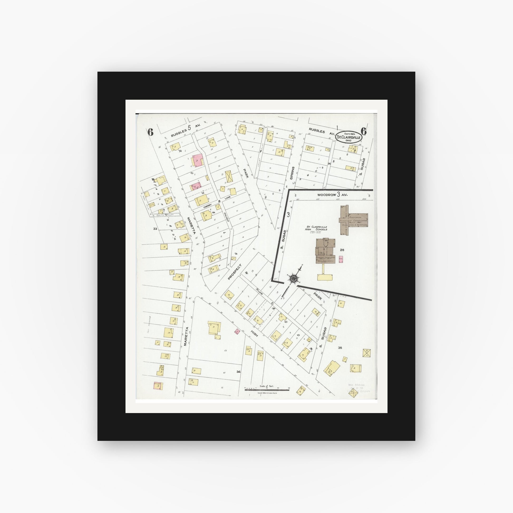 Old map wall art mockup — black gallery frame with white mat — Sanborn Fire Insurance Map from Saint Clairsville, Belmont County, Ohio (1924), Sheet #0006