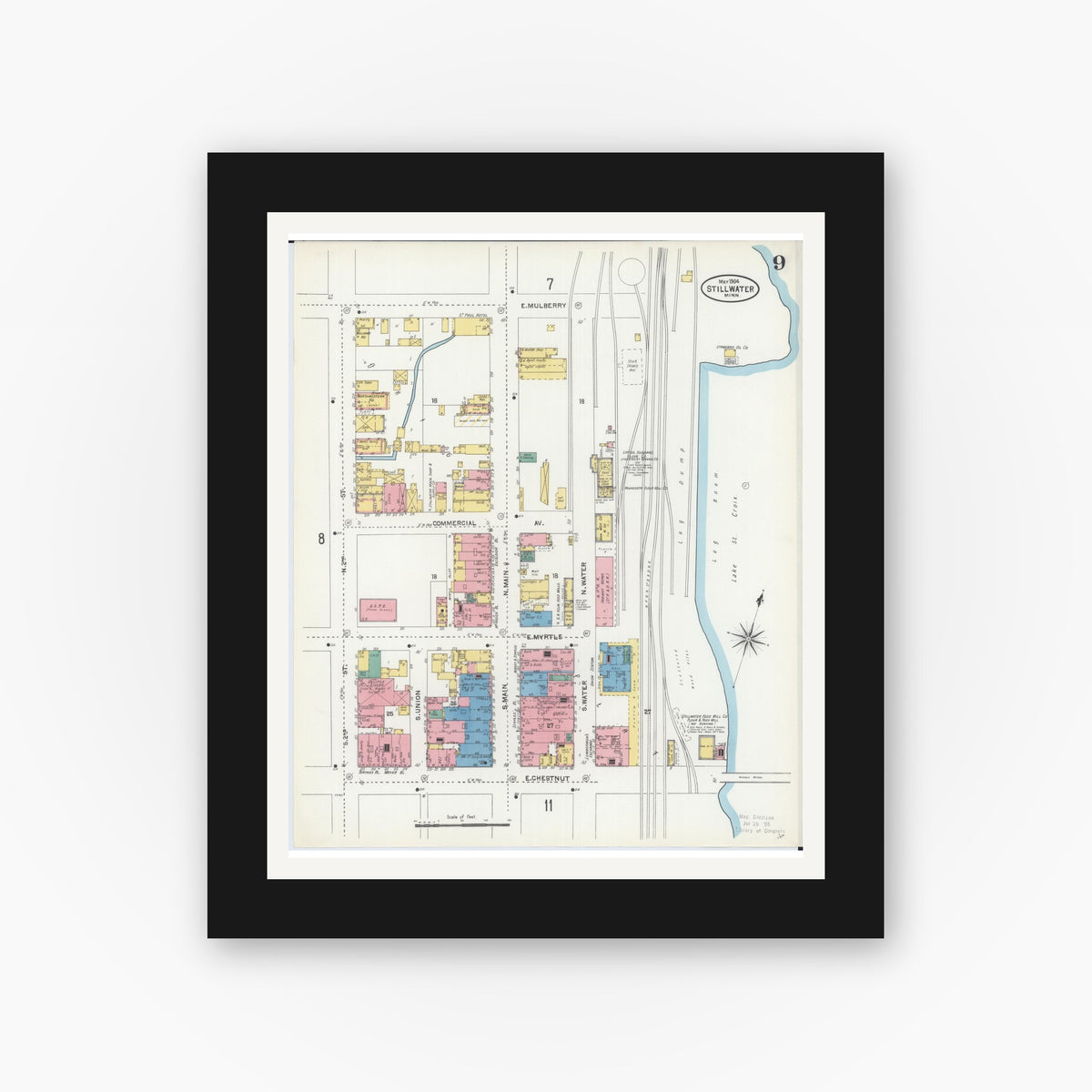 Old map wall art mockup — black gallery frame with white mat — Sanborn Fire Insurance Map from Stillwater, Washington County, Minnesota (1904), Sheet #0009
