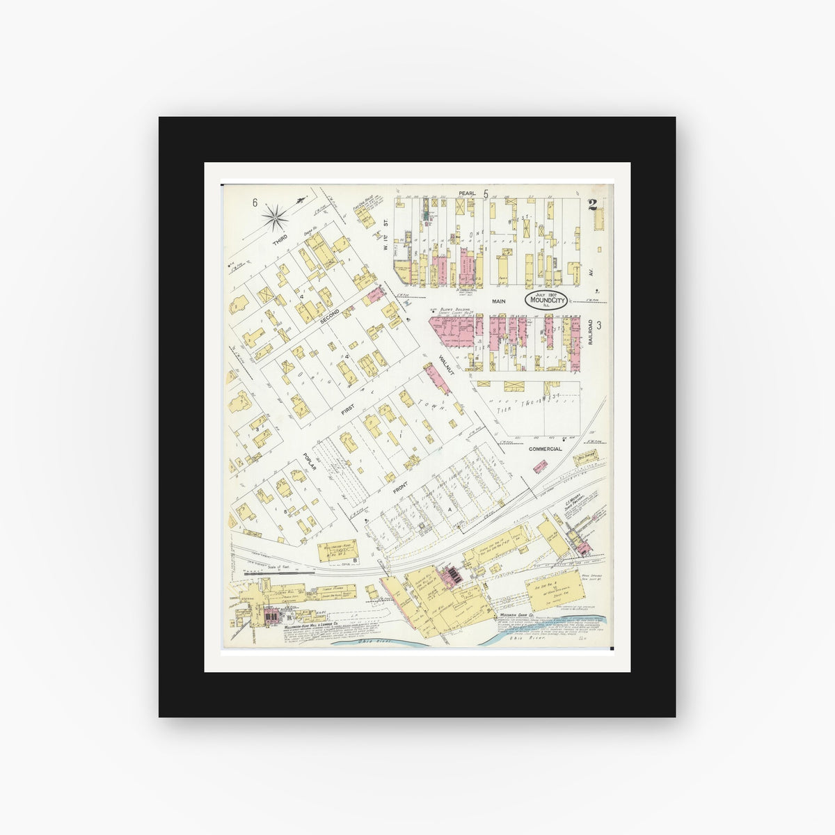 Old map wall art mockup — black gallery frame with white mat — Sanborn Fire Insurance Map from Mound City, Pulaski County, Illinois (1907), Sheet #0002