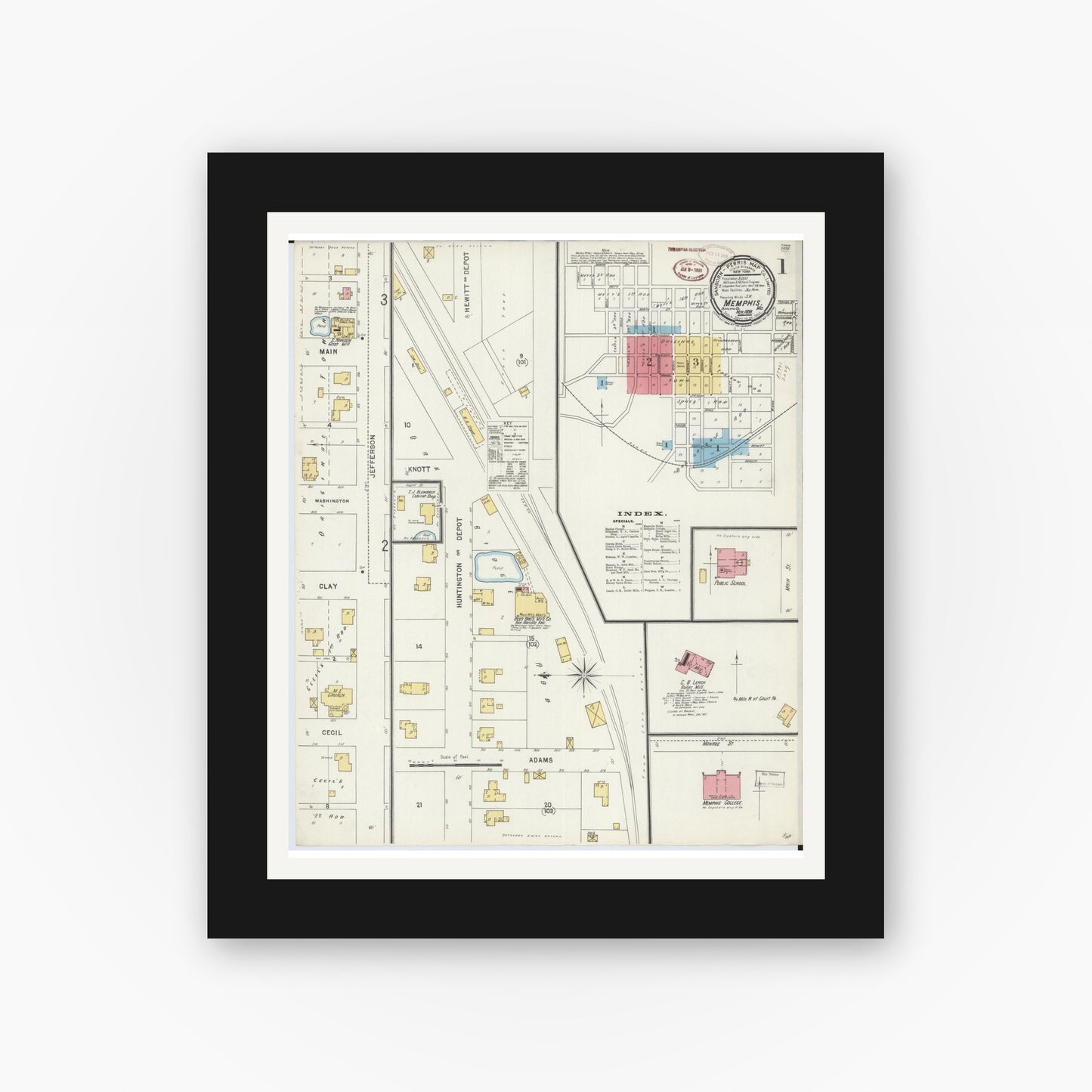 Old map wall art mockup — black gallery frame with white mat — Sanborn Fire Insurance Map from Memphis, Scotland County, Missouri (1898) - Complete Map Set