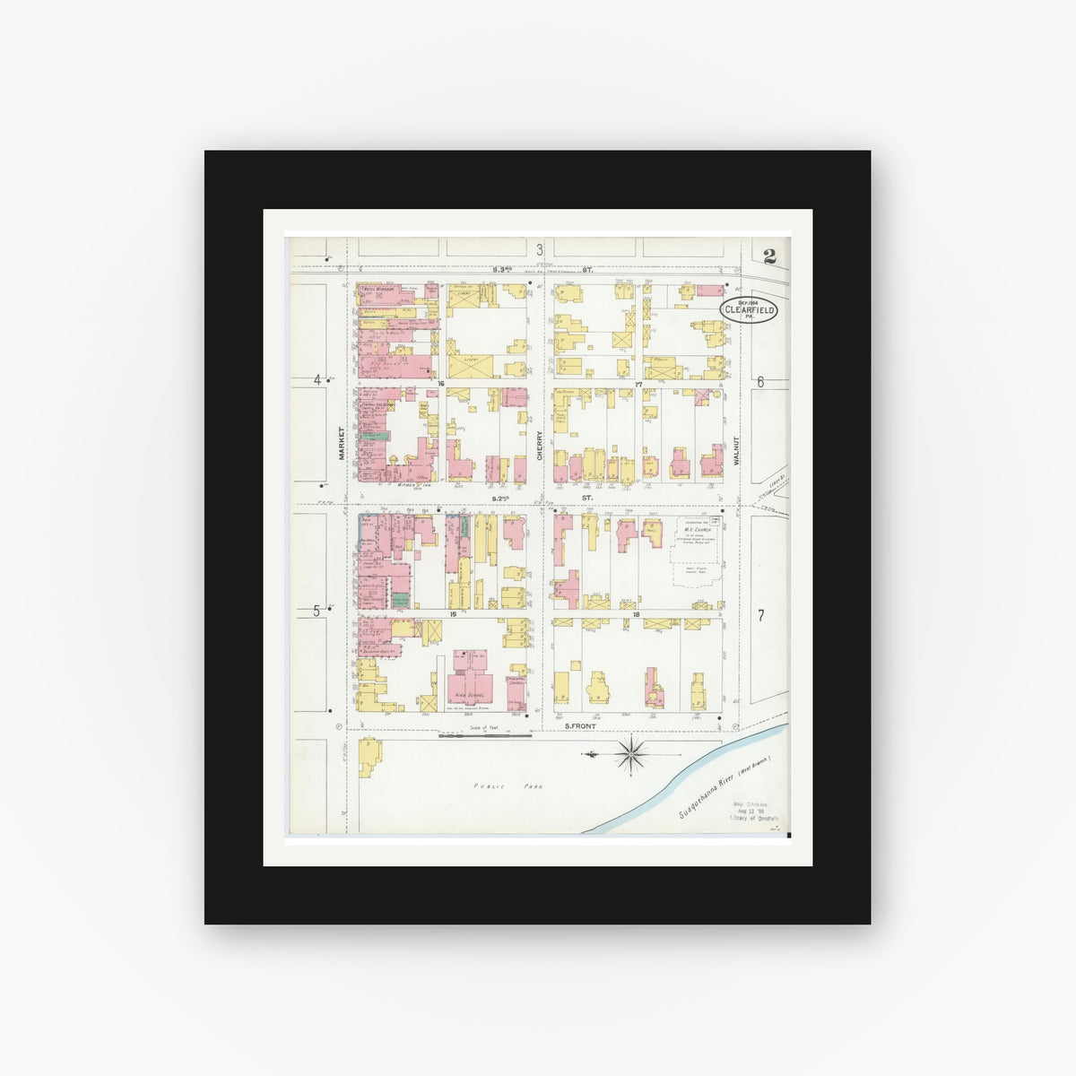 Old map wall art mockup — black gallery frame with white mat — Sanborn Fire Insurance Map from Clearfield, Clearfield County, Pennsylvania (1904), Sheet #0002