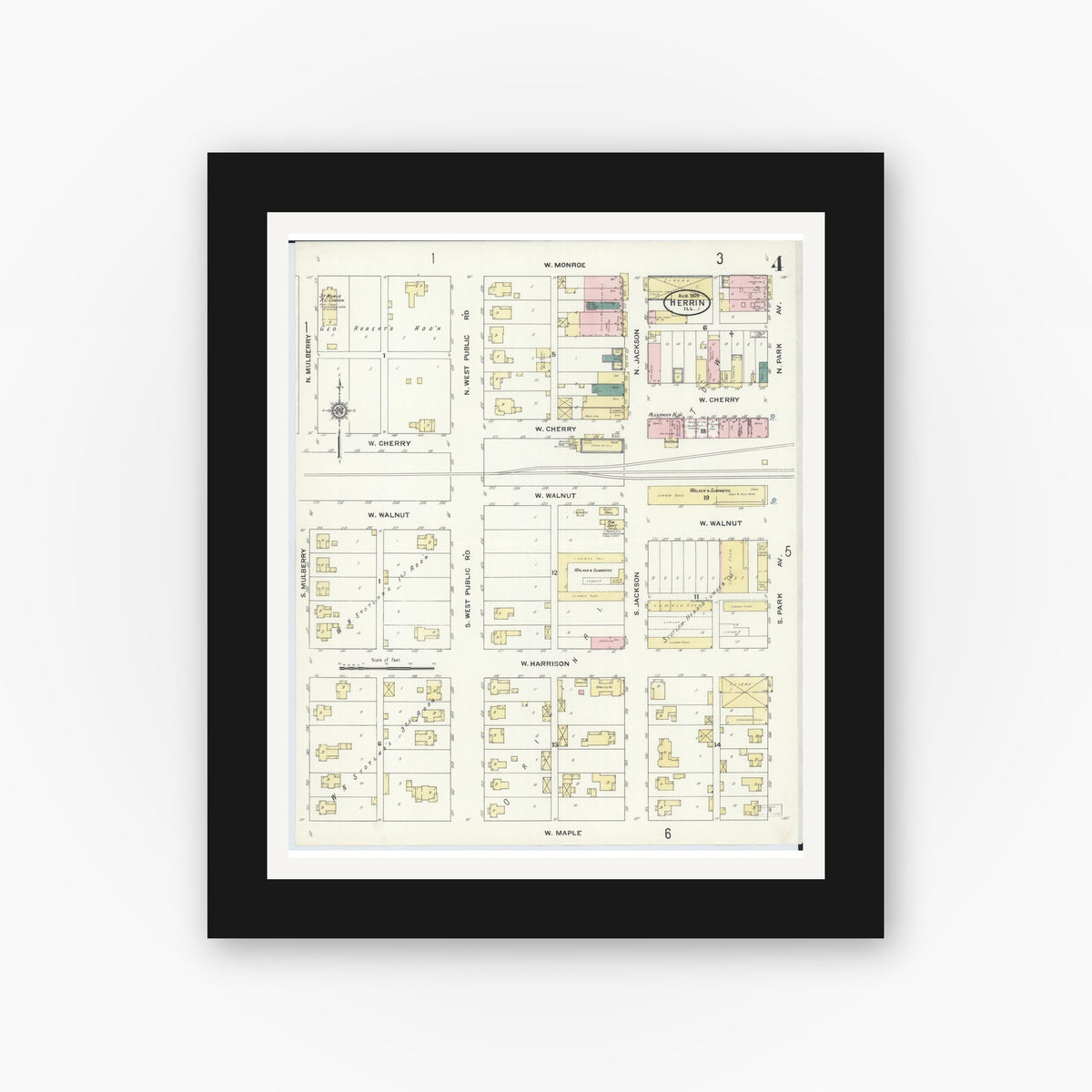 Old map wall art mockup — black gallery frame with white mat — Sanborn Fire Insurance Map from Herrin, Williamson County, Illinois (1909), Sheet #0004