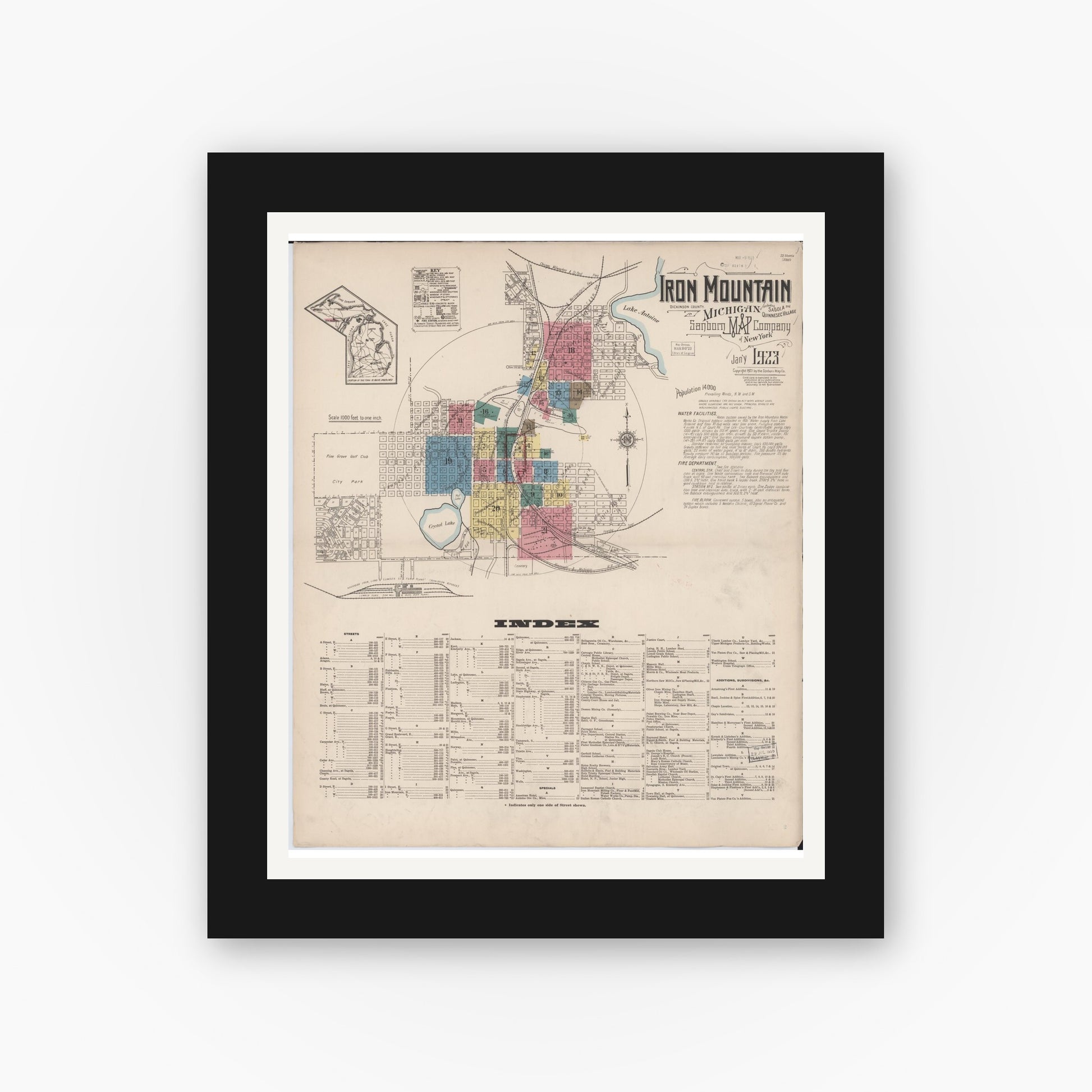 Old map wall art mockup — black gallery frame with white mat — Sanborn Fire Insurance Map from Iron Mountain, Dickinson County, Michigan (1923) - Complete Map Set