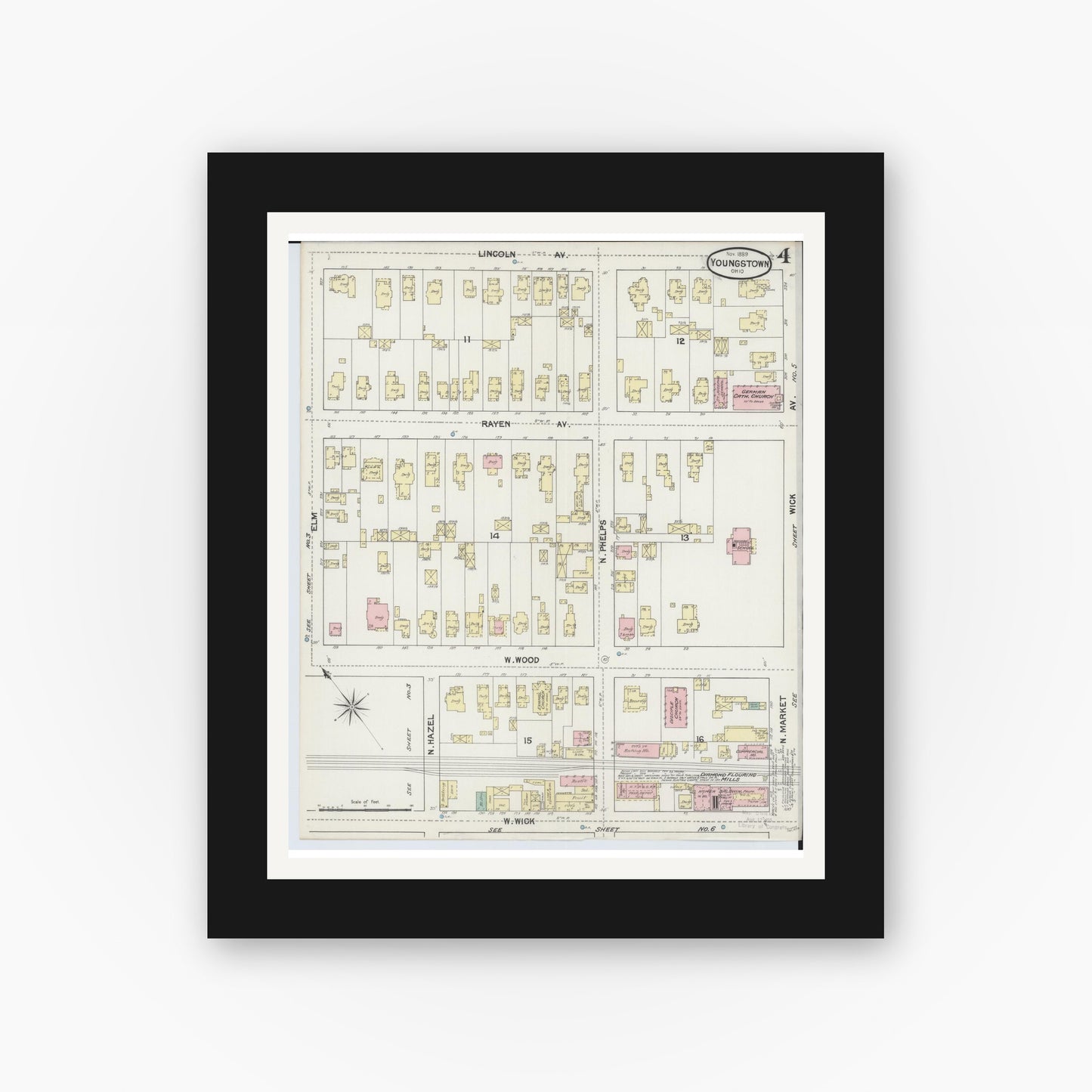 Old map wall art mockup — black gallery frame with white mat — Sanborn Fire Insurance Map from Youngstown, Mahoning County, Ohio (1889), Sheet #0004