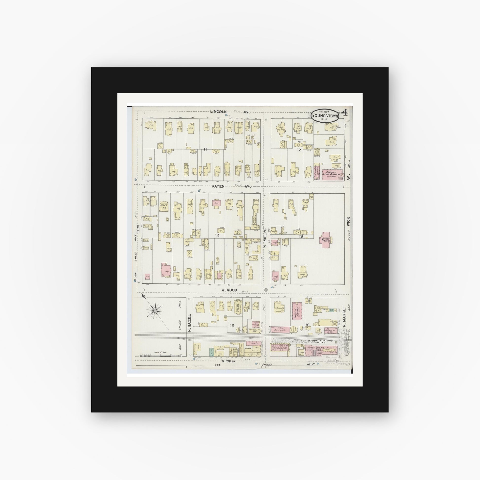 Old map wall art mockup — black gallery frame with white mat — Sanborn Fire Insurance Map from Youngstown, Mahoning County, Ohio (1889), Sheet #0004