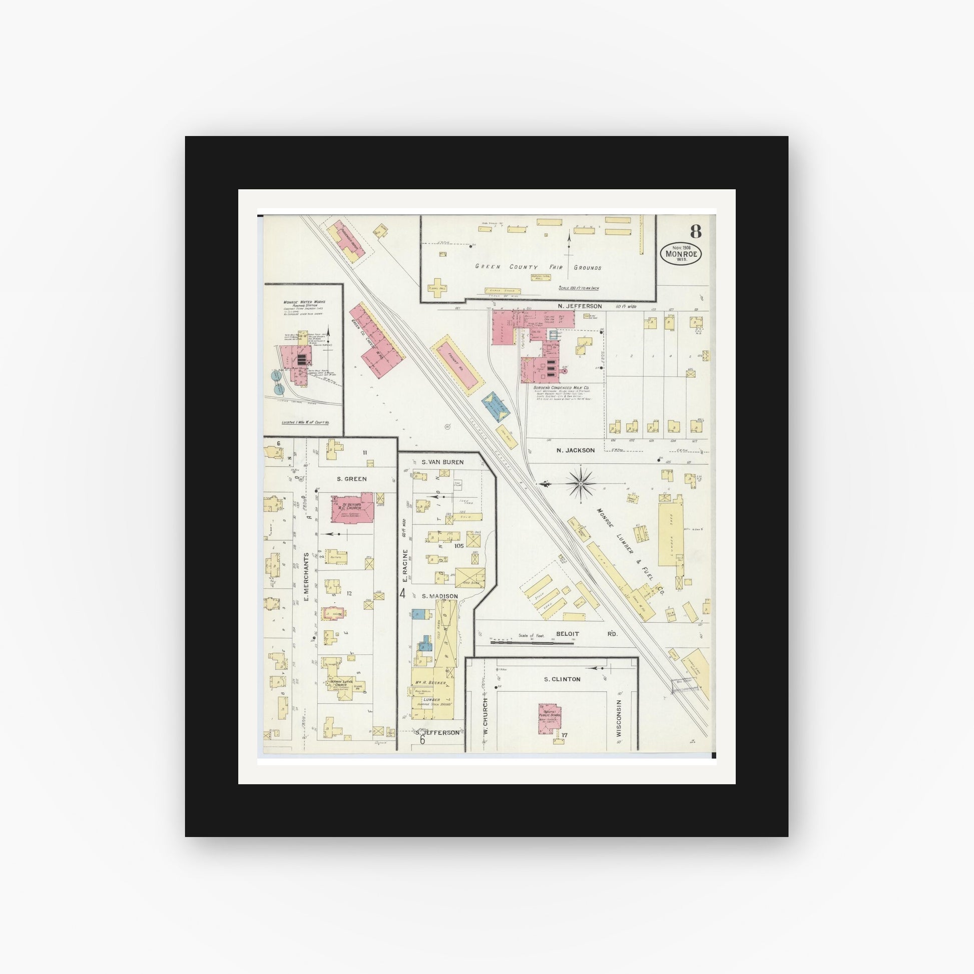Old map wall art mockup — black gallery frame with white mat — Sanborn Fire Insurance Map from Monroe, Green County, Wisconsin (1908), Sheet #0008