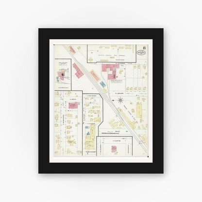 Old map wall art mockup — black gallery frame with white mat — Sanborn Fire Insurance Map from Monroe, Green County, Wisconsin (1908), Sheet #0008