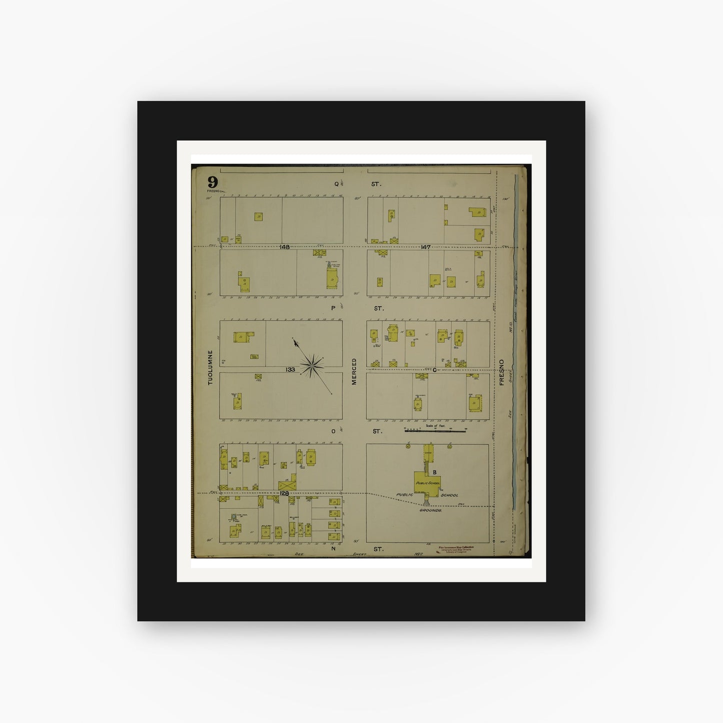 Old map wall art mockup — black gallery frame with white mat — Sanborn Fire Insurance Map from Fresno, Fresno County, California (1888), Sheet #0009