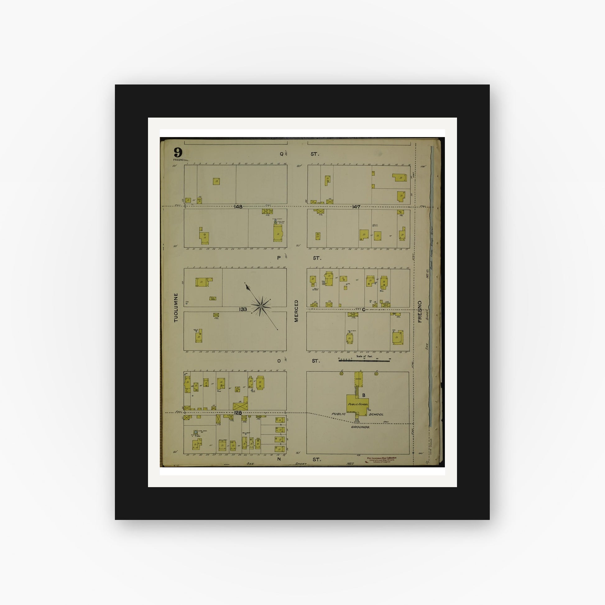 Old map wall art mockup — black gallery frame with white mat — Sanborn Fire Insurance Map from Fresno, Fresno County, California (1888), Sheet #0009