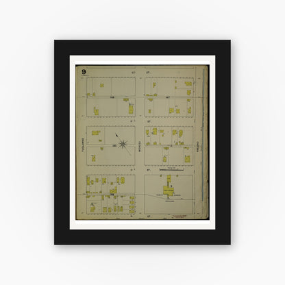 Old map wall art mockup — black gallery frame with white mat — Sanborn Fire Insurance Map from Fresno, Fresno County, California (1888), Sheet #0009